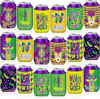 SEPGLITTER Mardi Gras Can Cooler Sleeves, 18pcs 12 oz Cold Drinks Beer Drink Can Bottle Cooler Sleeves for Carnival Party Favors Decorations Supplies
