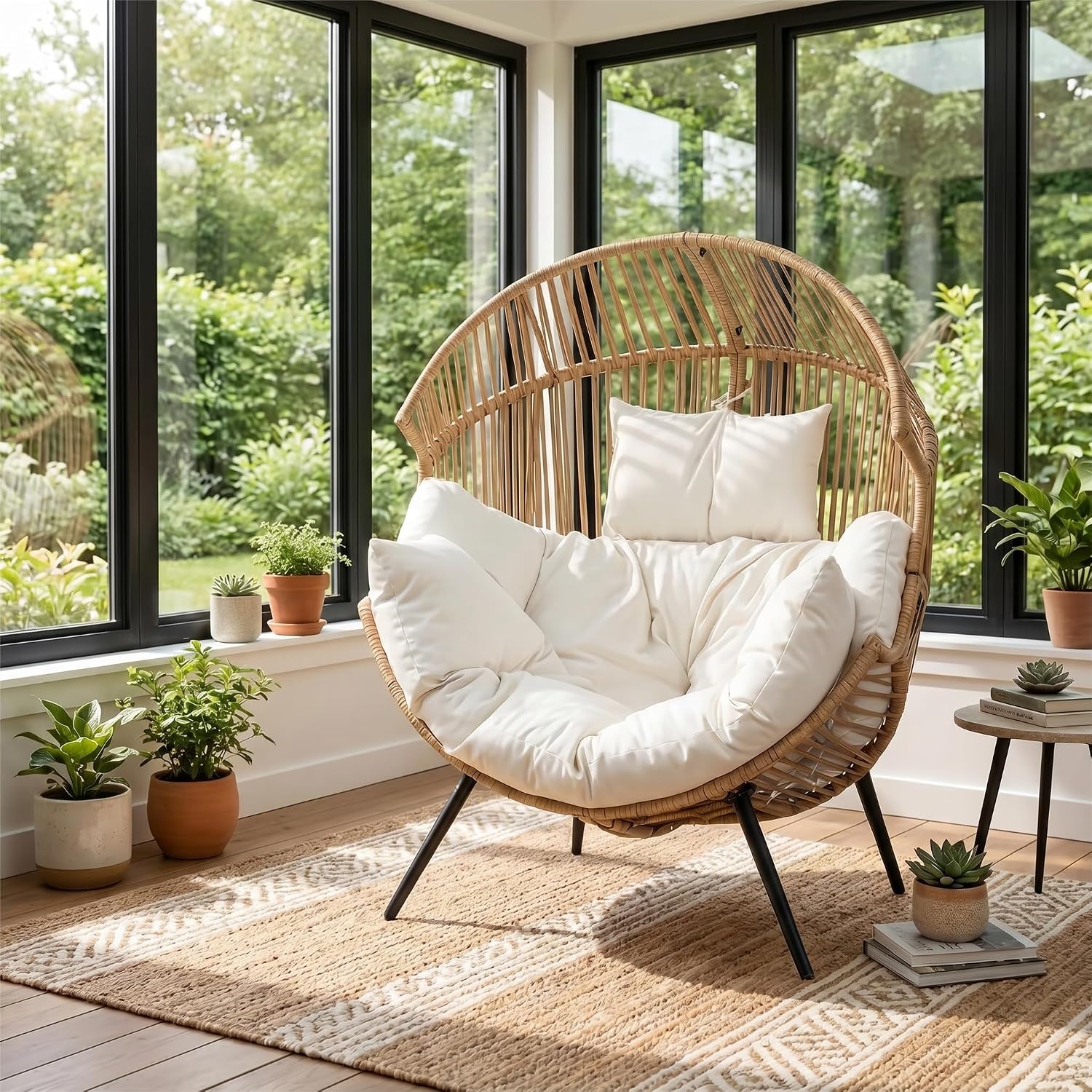 Oversized Outdoor Wicker Egg Chair, Patio Lounge Chair Basket Seat with Thick Cushion, All Weather Indoor Outdoor Porch Rockers for Balcony, Living Room, Lawn Garden