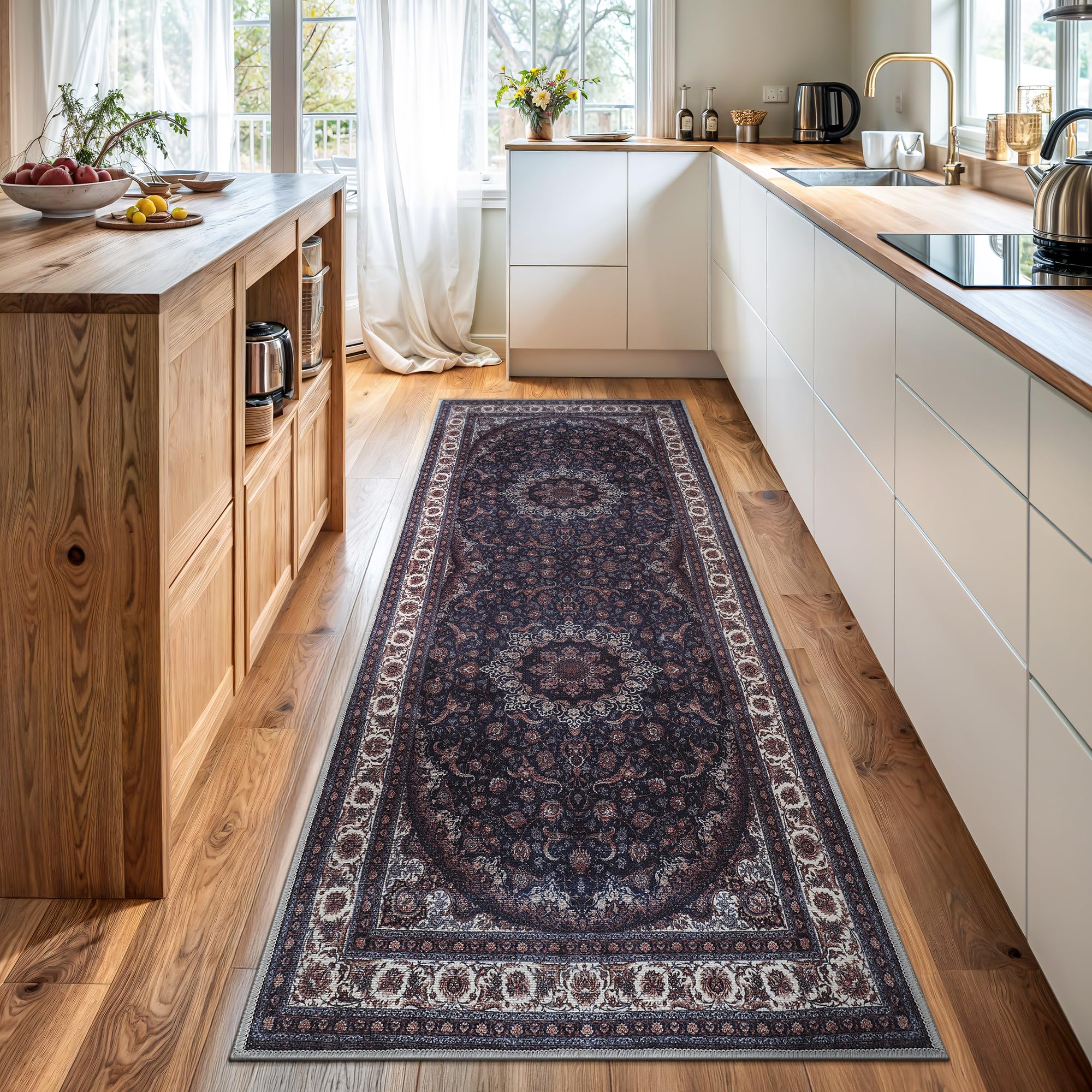 Bloom Rugs Washable Non-Slip 10 ft Runner - Navy Traditional Medallion Runner for Entryway, Hallway, Bathroom, and Kitchen - Exact Size: 2.5' x 10'