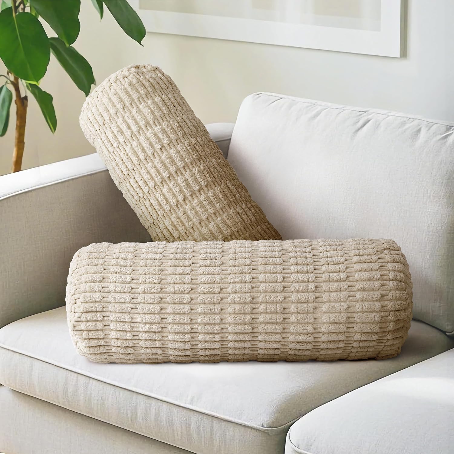 AELS Corduroy Striped Cylinder Pillows, 8" x 24" Decorative Bolster Pillows with Removable Washable Cover and Insert, Body Pillow for Couch and Bed, Living Room Bedroom Nursery Decor, Sand