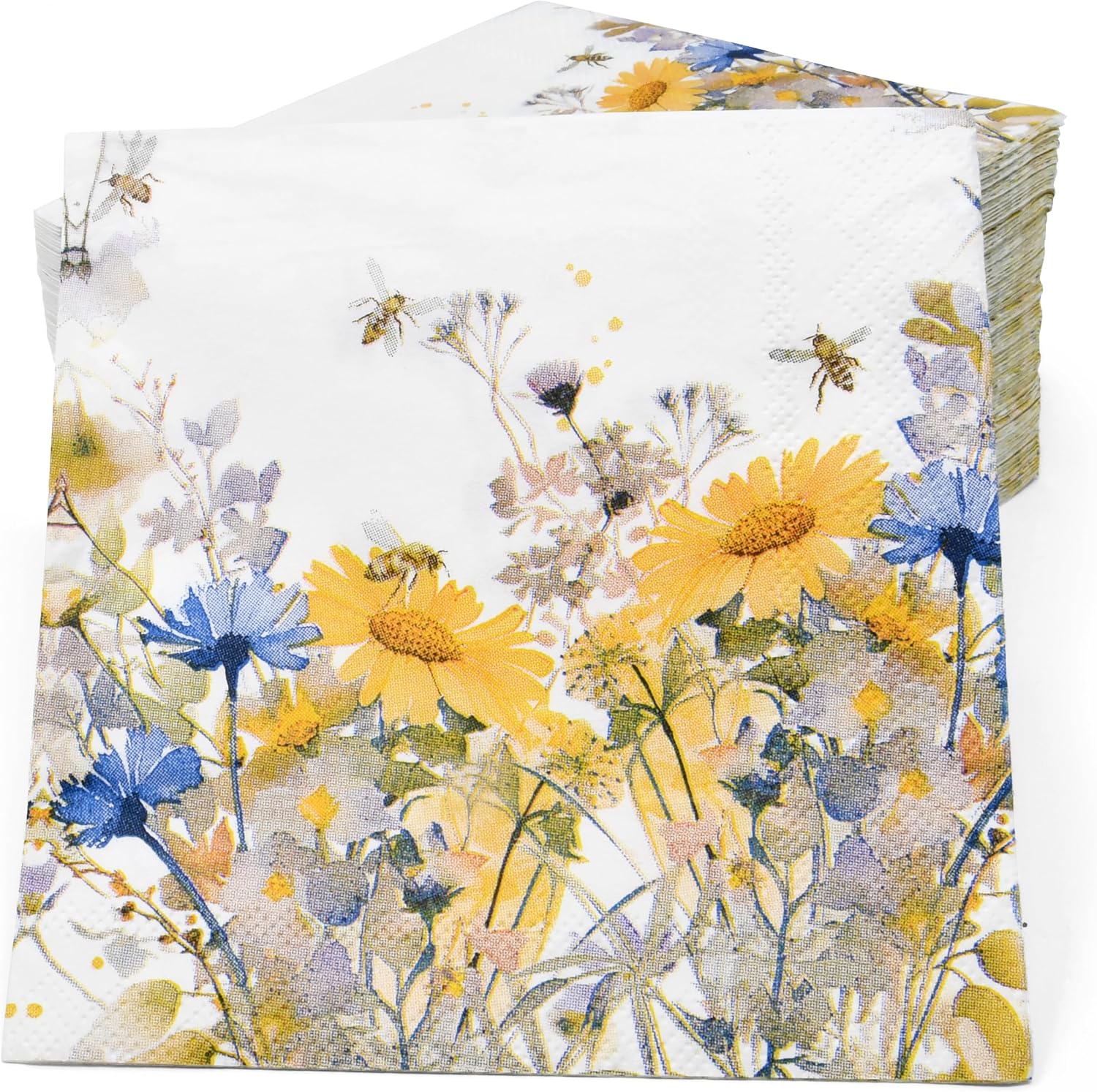 100 Pcs Floral Bees Cream Cocktail Beverage Napkins Bee Flowers Disposable Paper Dessert Napkin for Summer Spring Birthday Party Supplies image 3