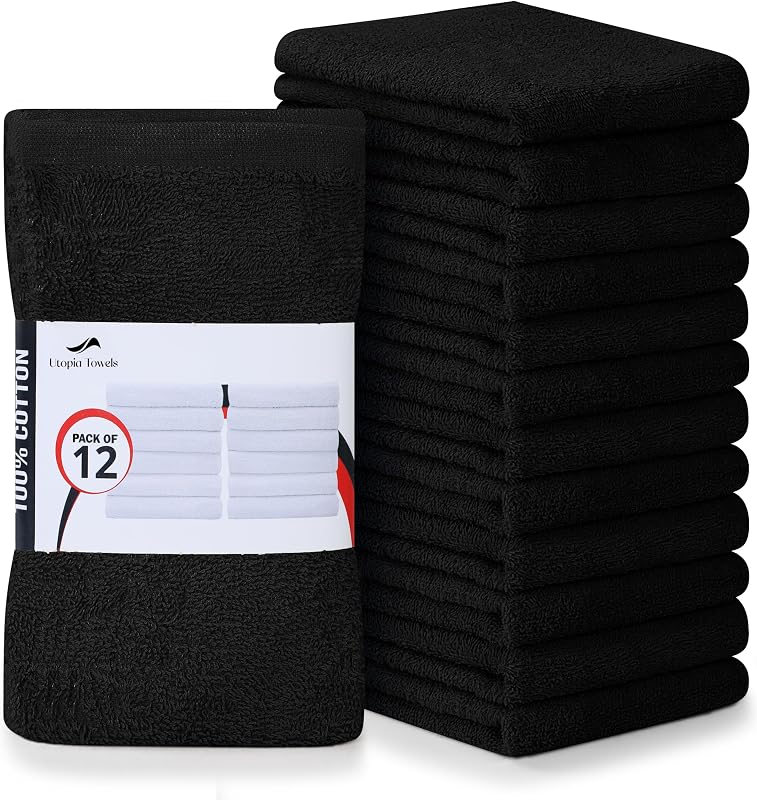 Utopia Towels Trapeadores de barra de cocina, paquete de 12, 16 x 19 pulgadas, 100% algodón, negro | Paños de limpieza multiusos para barras de hogar y cocina: súper absorbentes, suaves, duraderos, sin pelusa, lavables a máquina