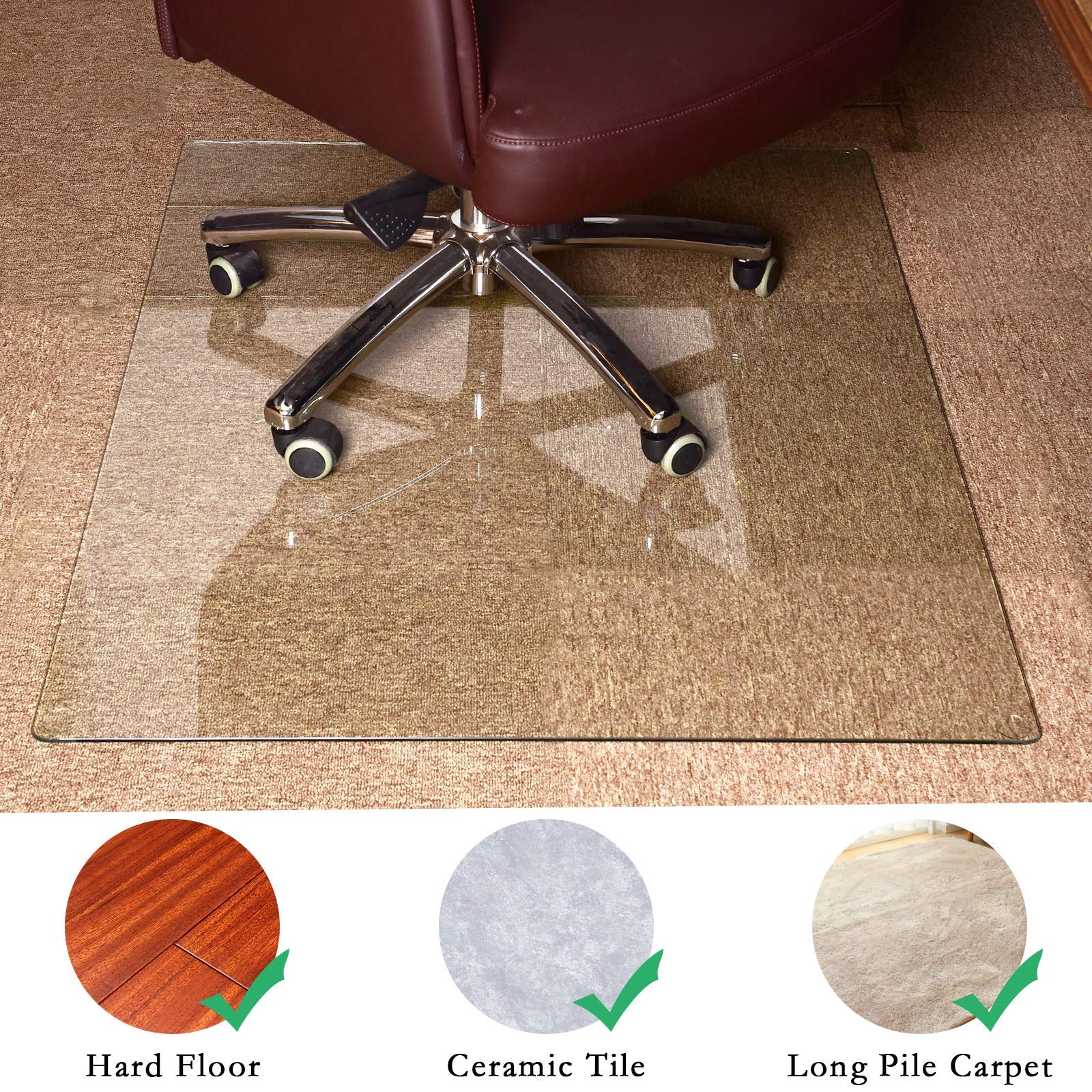 GLSLAND Office Chair Mat, 46" x 36" Premium Tempered Glass Computer Desk Mats Hard Protect Floor, Easy Glide Swivel Chairs Used on Carpet in Home and Office Rectangle Heavy Duty