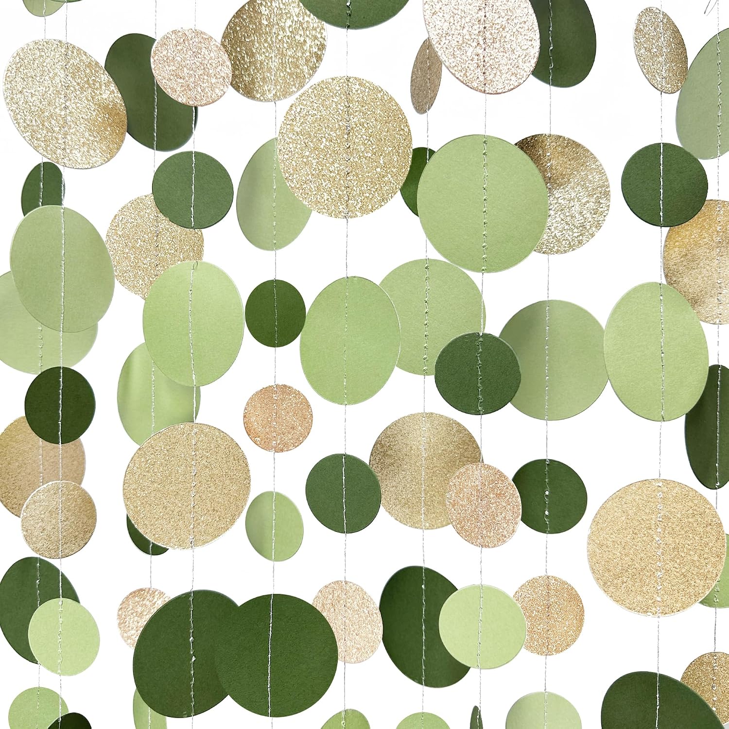 Olive Green Champagne Gold Party Polka Dot Garlands Sage Green Glitter Champagne Gold Hanging Paper Circle Dots Streamer for Birthday Wedding Engagement Retirement Neutral Party Decorations Supplies