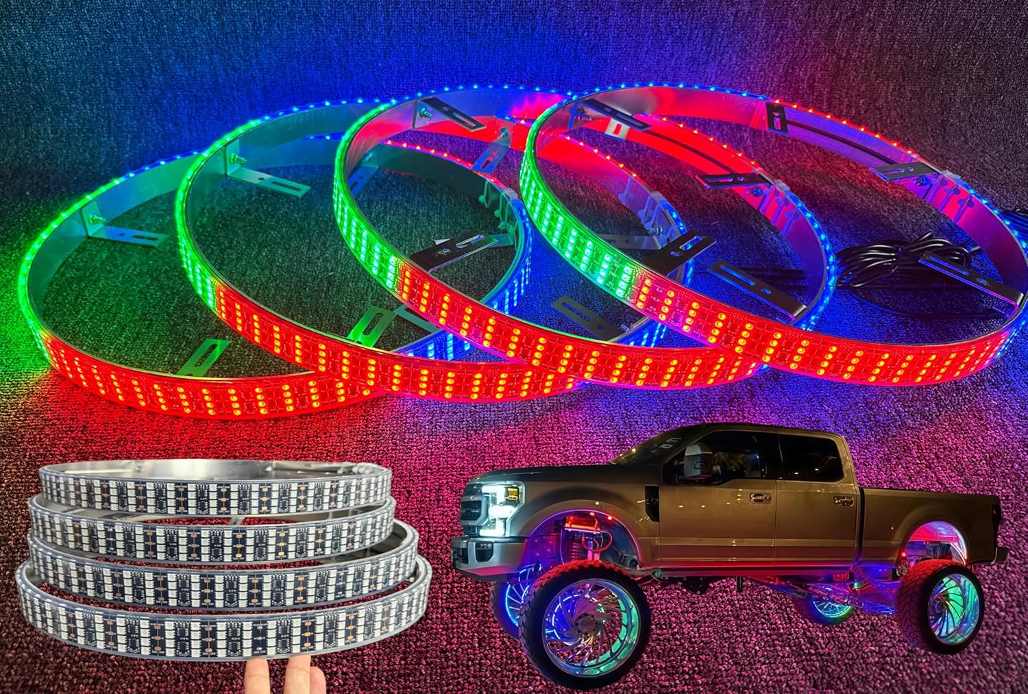 IP68 Waterproof 4Rolls 15.5" Quad Row Wheel Lights - Brightest LED Rim Lights, Dream Color Chasing, Bluetooth + Remote | for Truck, Car