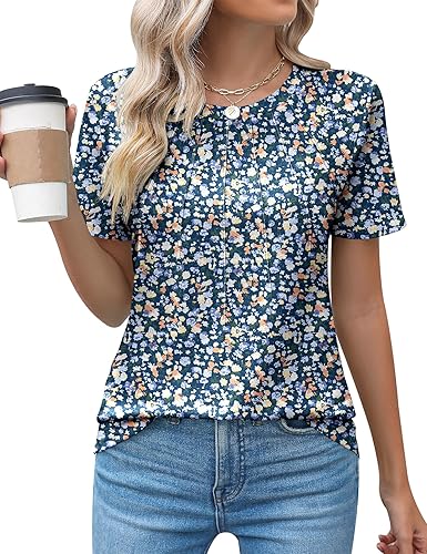 Kistore Womens Casual Crew Neck Short Sleeve Pleated Tops Blouses Fashion Clothe&hellip;