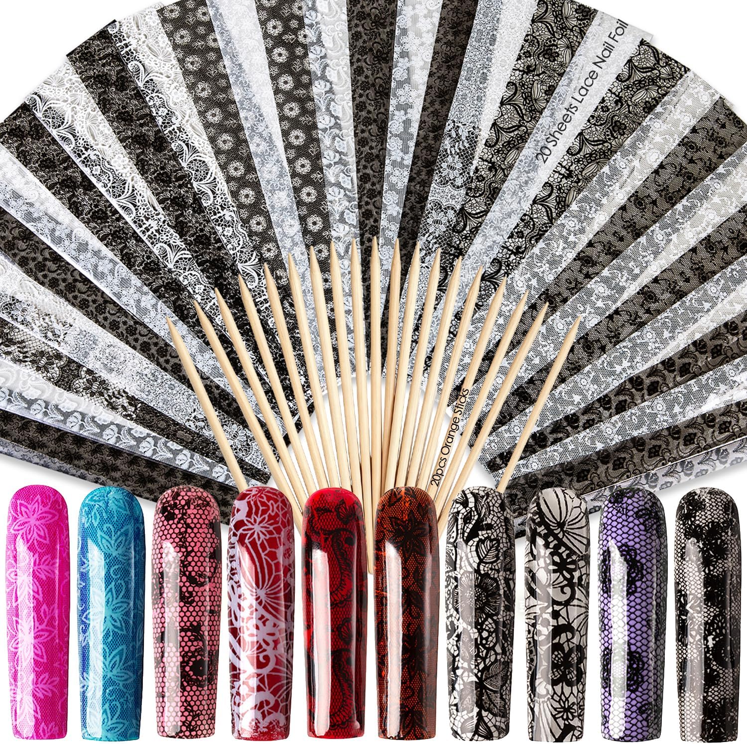 Lace Nail Foil Transfer: 32.8ft 20 Sheets Lace Nail Foil Art Design with Reusable Orange Sticks - 3s Transfer Print-Grade Texture for UV Gel Polish Natural Nails - 240 Manicures 2yrs Supply