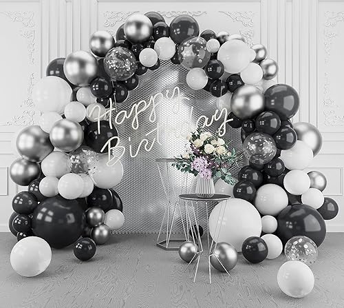 Black White Balloons Garland Arch Kit-148Pcs Confetti Silver Black White Balloons Party Decorations for Baby Shower Birthday New Years Engagement