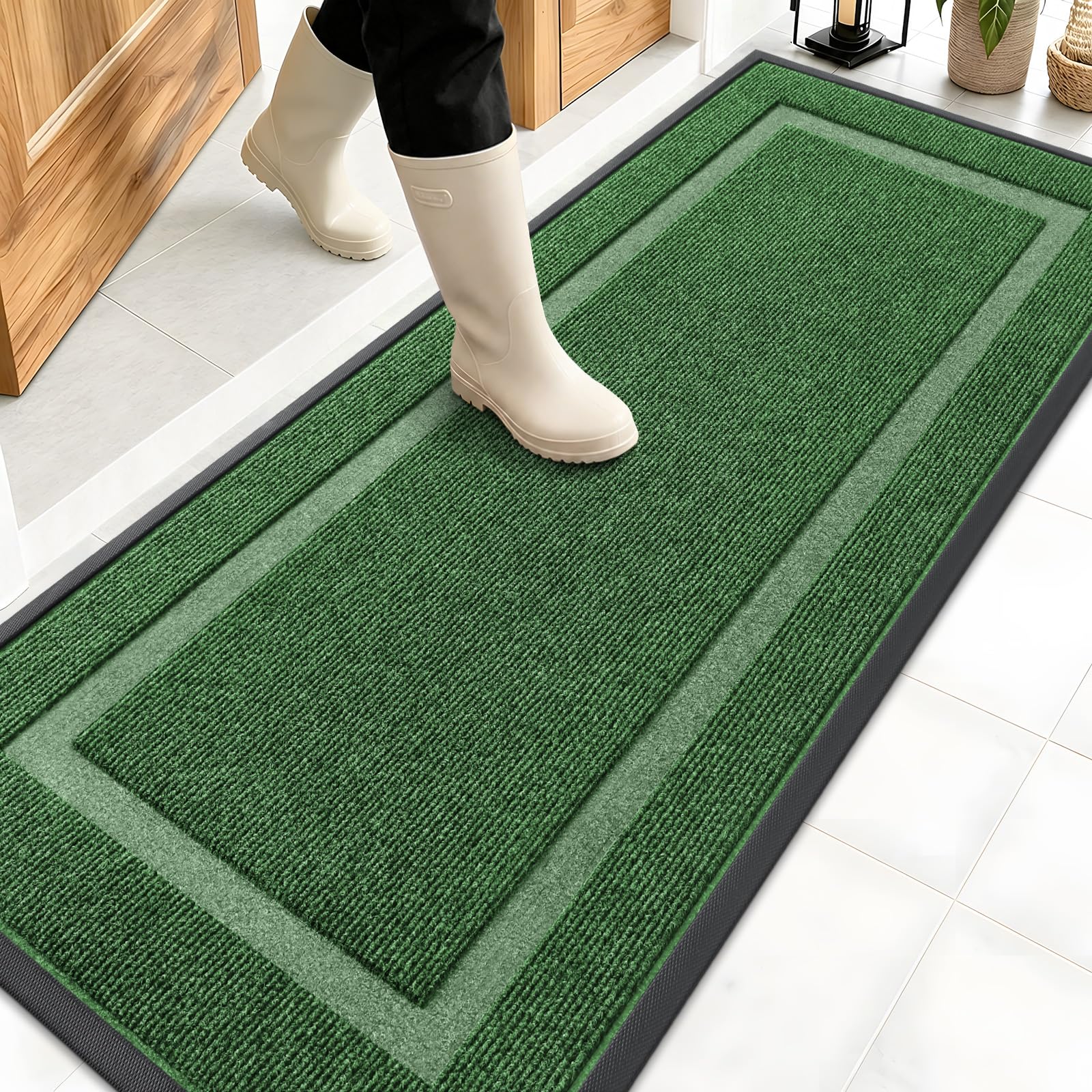 OLANLY Front Door Mat Outside 59x20, All-Season Heavy-Duty Rubber Doormat | Green, Absorbent, Stain and Fade Resistant, Waterproof Non-Slip Backing, Low-Profile Indoor Outdoor Floor Mat for Entryway
