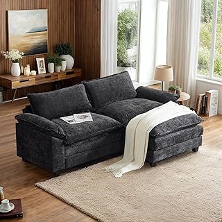 VINGLI 87" Convertible Sectional Sofa,L-Shape Deep Seat Sofa Couch for Living Room,Modern Chenille 2 Seat Loveseat Sofa with Ottoman for Small Space(Black, 87")