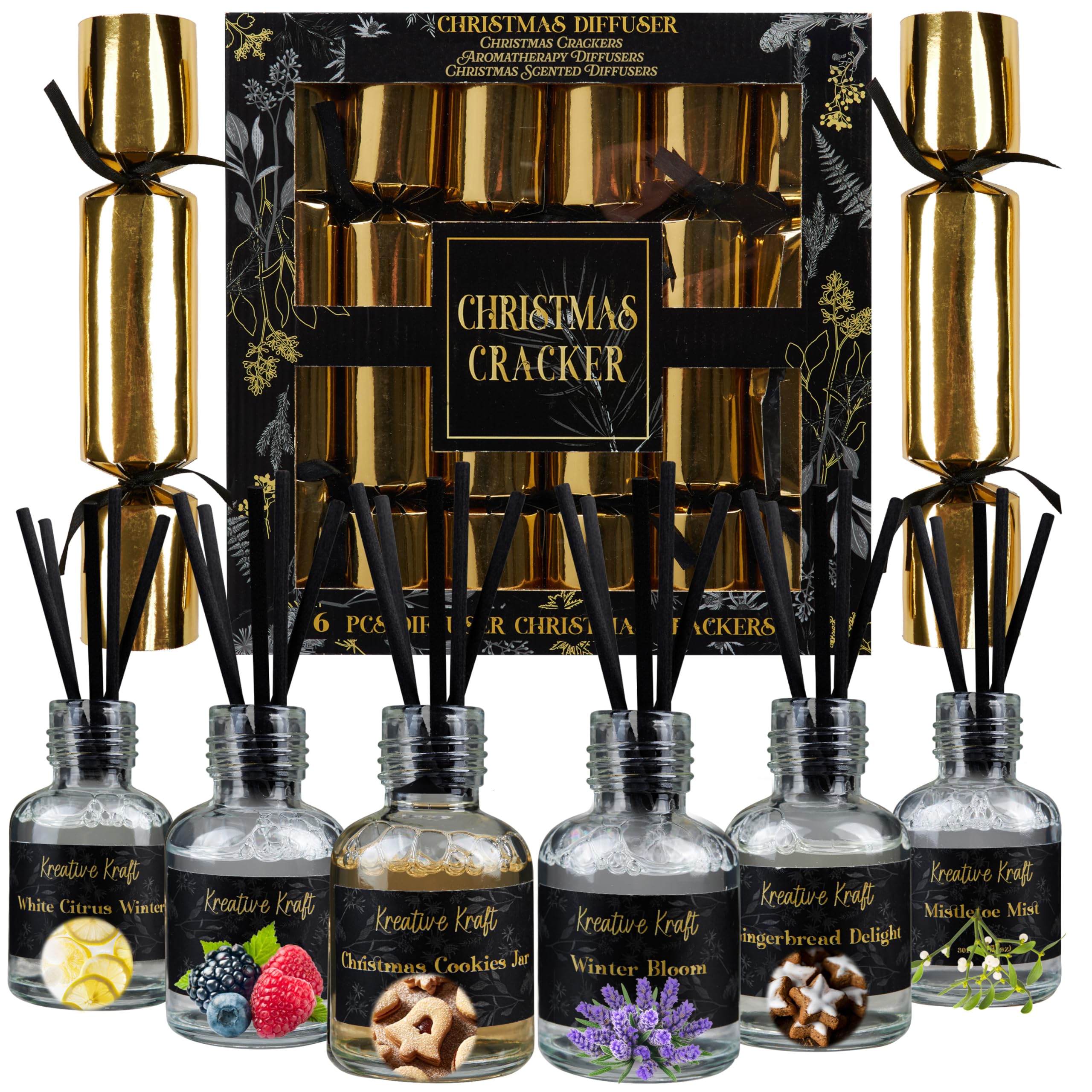 Kreativekraft Multi Diffuser Luxury Christmas Crackers, Pack Of 6 Deluxe Xmas Crackers With Scented Reed Diffuser, Fun Novelty Festive Seasonal Table Decor & Gifts (Multi Diffuser)
