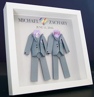 Personalized Gay Same Sex LGBT Wedding Gift, Engagement, First Anniversary Paper Origami Groom & Groom Shadowbox Frame Custom Art Gift