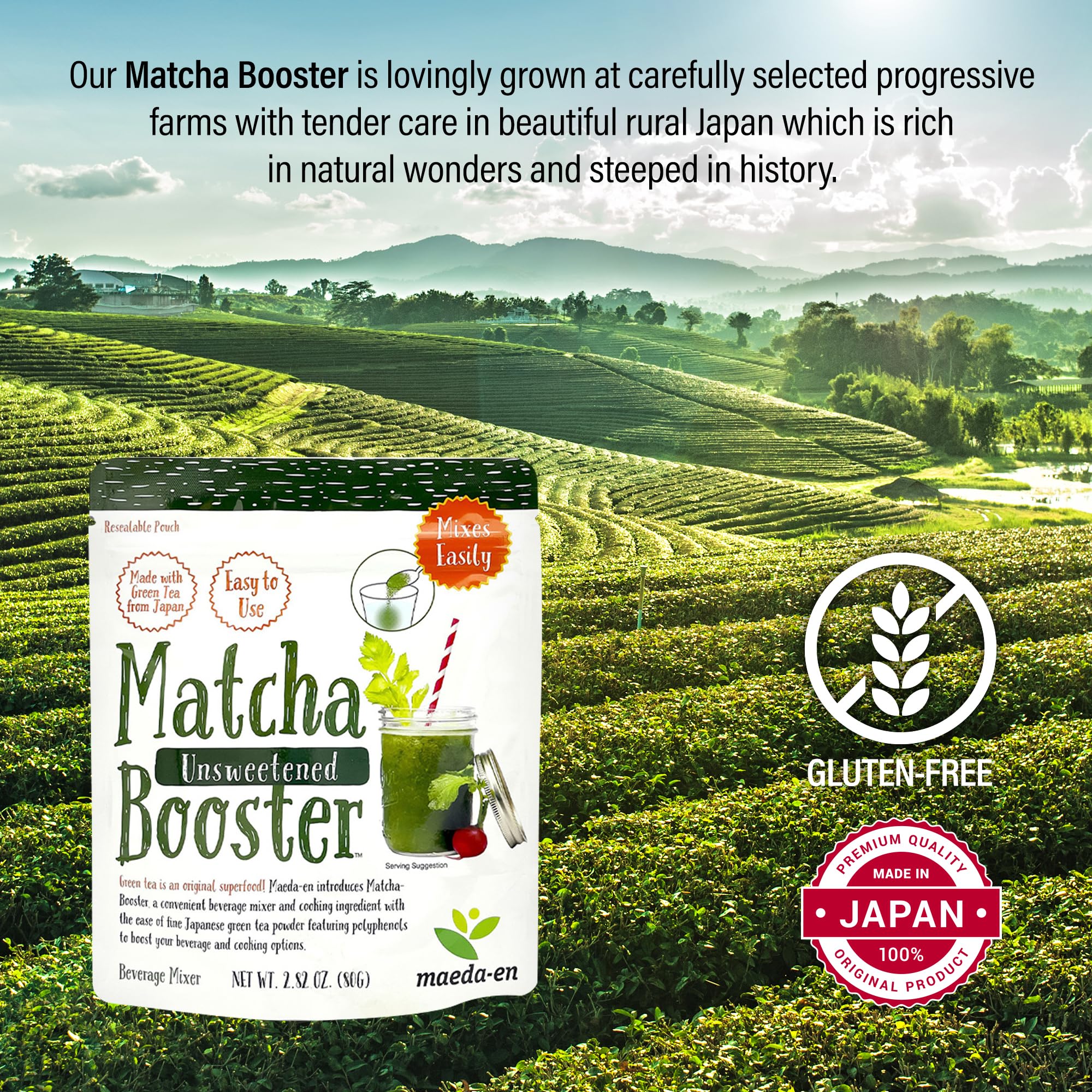 MAEDA-EN Matcha Booster Unsweetened Green Tea Powder 80g Japanese Origin Resealable Pouch for Latte Smoothies and Baking 27143 — view 3