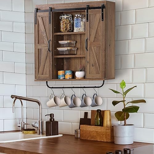 Vista 5 de RUSTOWN Armario de almacenamiento de pared de madera rústica con dos puertas correderas de granero, armario decorativo de 3 niveles para cocina