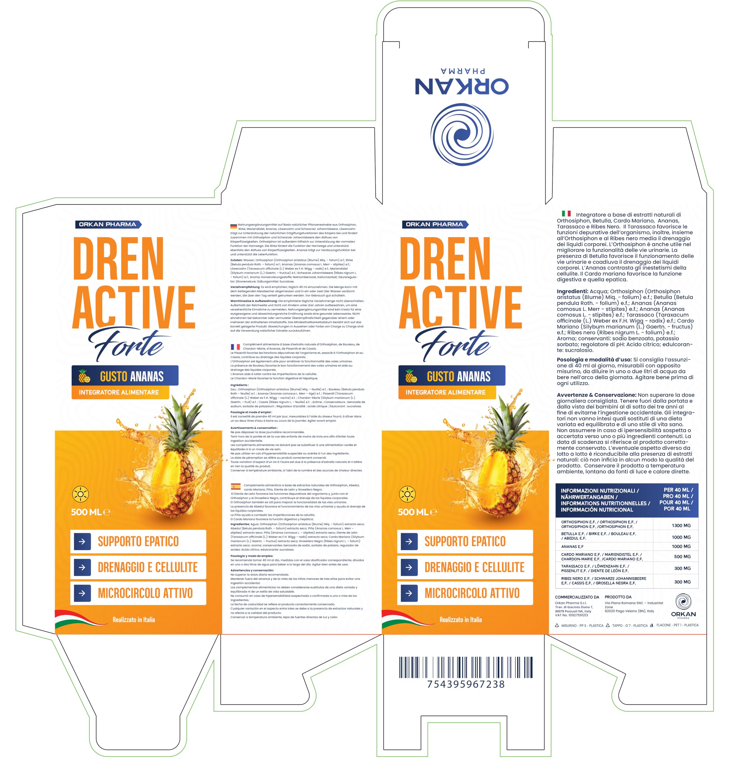 Diuretico Drenante Forte Dimagrante Detox per Ritenzione Idrica Potente Anticellulite Glutei e Gambe 500 ML Gusto Ananas Made in Italy