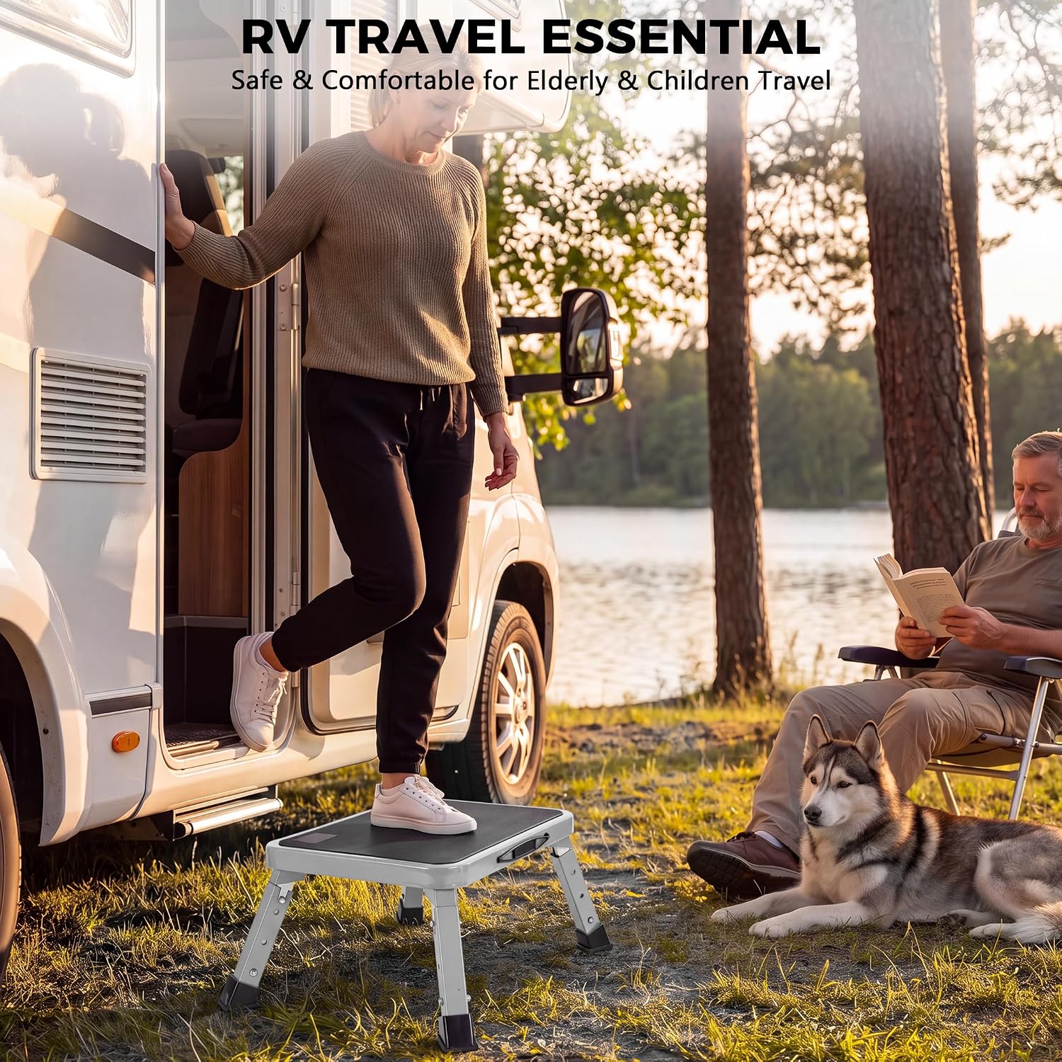 Safety RV Steps Stool, Folding Adjustable Step Stool, 500LBS, Grey