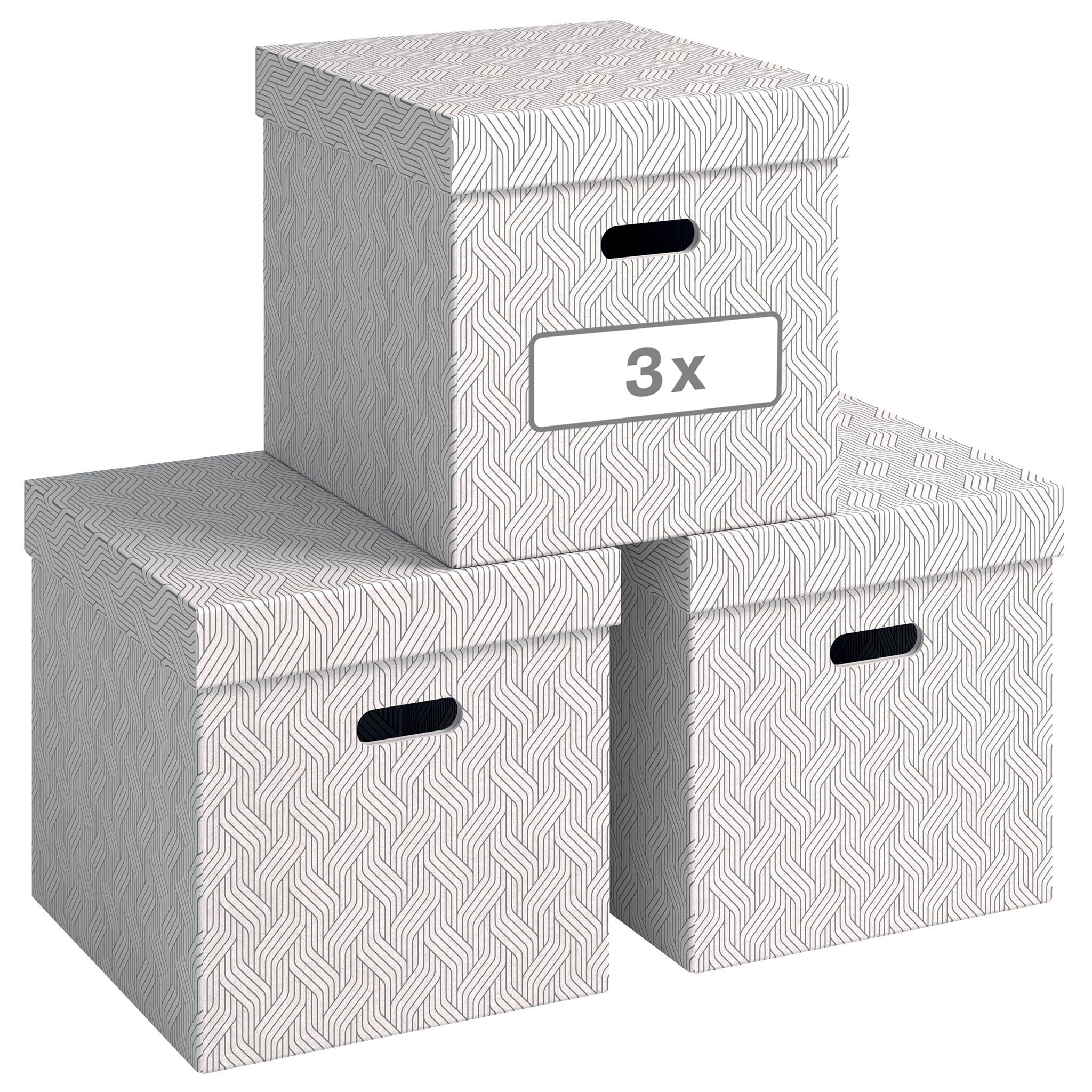VON Leitz 61430001 Storage Box with Lid, 29 Litres, Large, Geometric Design, 100% Recycled Cardboard, for School, Study and Household, White, Pack of 3