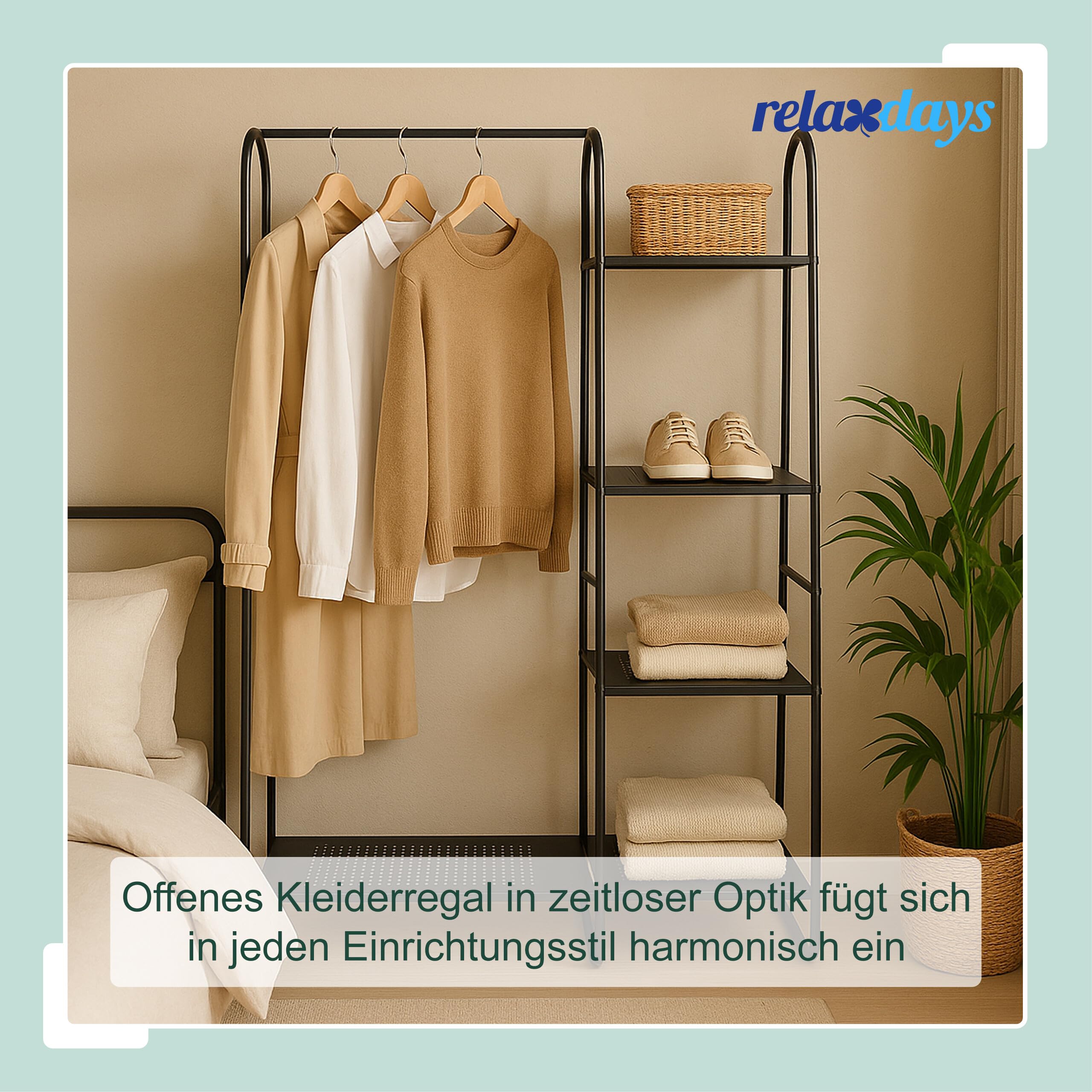 Relaxdays Kleiderständer Metall, 5 Ablagen, Kleiderstange Flur, schwarz