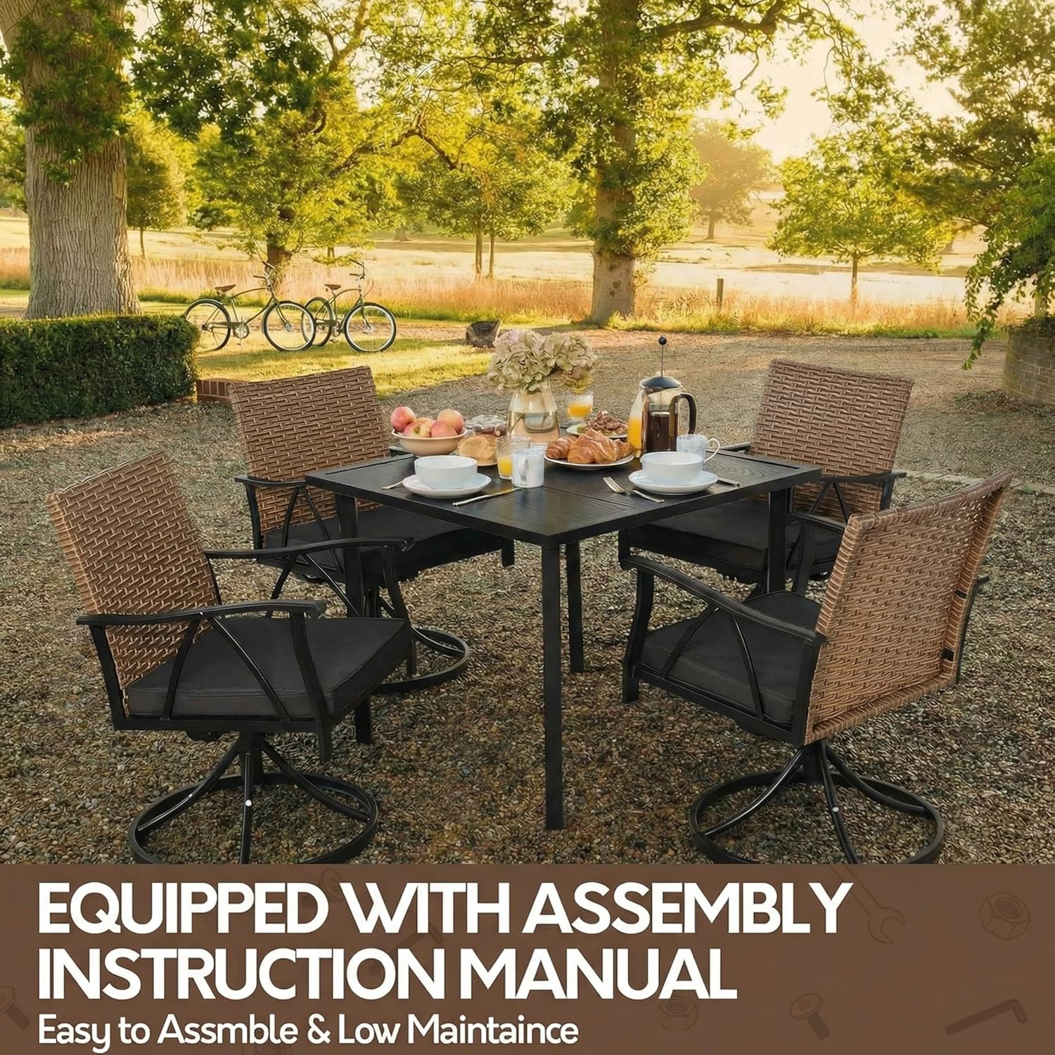 5-Piece Patio Dining Set for 4，Outdoor Dining Set with Wicker Swivel Patio Dining Chairs with Cushions & 1 Black Square Woodgrain Dining Table with 1.75”Market Umbrella Hole, Black & Brown