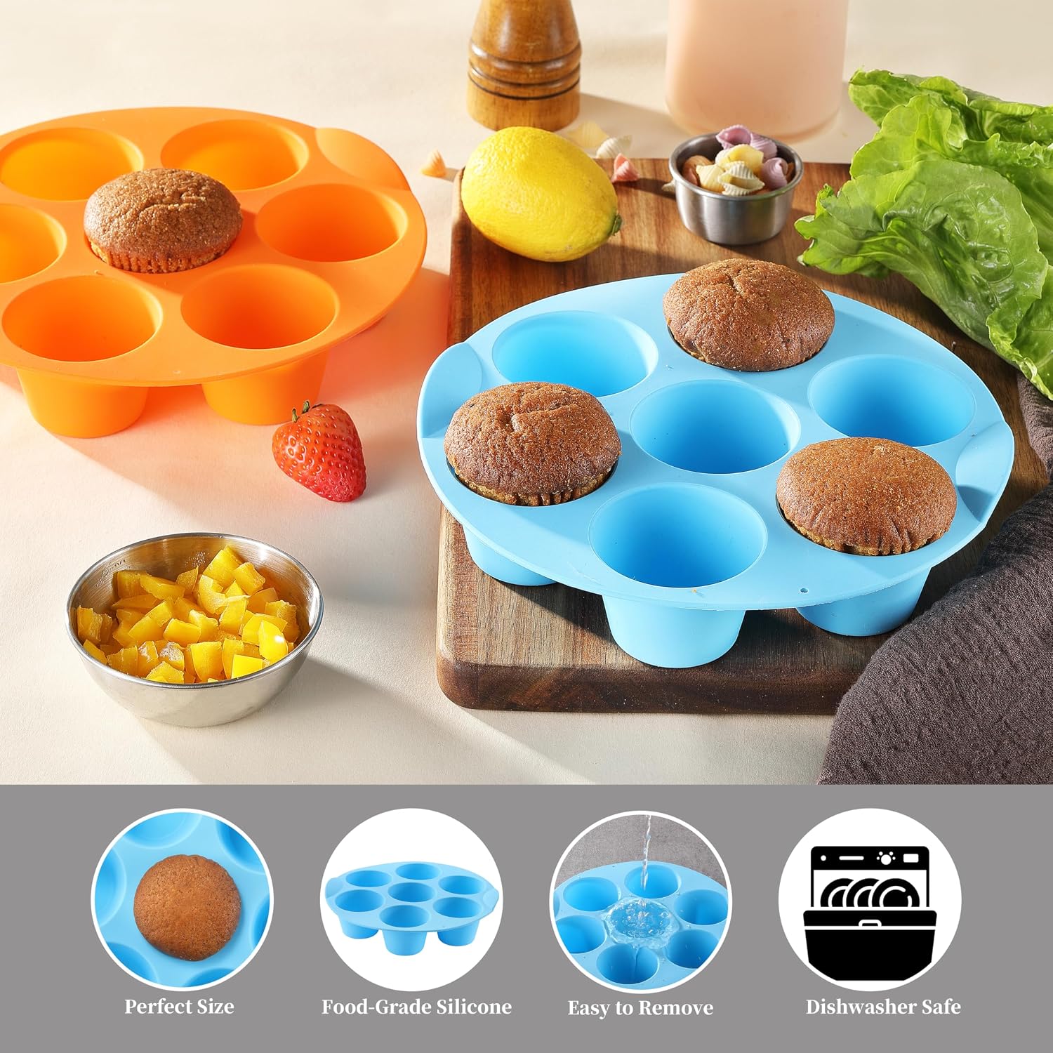2 Pack Silicone Egg Bite Molds, Food Grade 7-Cups Air Fryer Muffin Pan for Baking Mini Muffins, Egg Bite, Tart, Mini Cupcake and Quiche, Nonstick and BPA - Free (Orange+Blue)