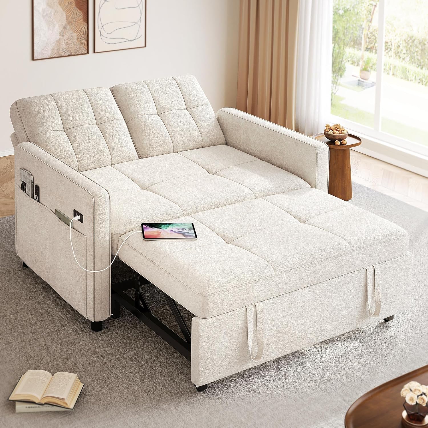 (INCOMPLETE)YITAHOME 55\" Convertible Sofa Bed, 3-in-1 Sleeper Sofa with Pull-Out Bed, Cat-Scratch-Proof Futon Couch with 5-Levels Reclining Backrest, USB and Side Pocket, Modern Loveseat for Living Room, Beige Light Beige Usb
