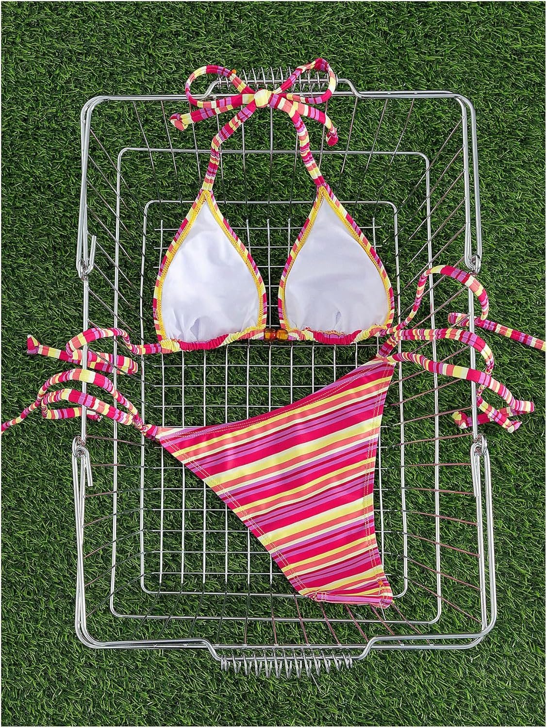 MakeMeChic Women's Striped Triangle Thong Micro Bikini Sets Halter Swimsuits Bathing Suit