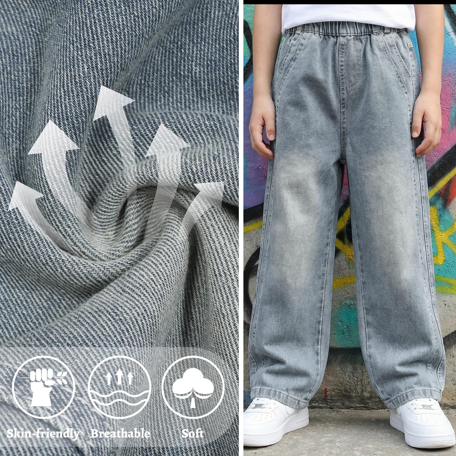 Jean Baggy Garçon Enfants Pantalon en Denim avec Taille Élastique Multiples Poches Loose Fit Décontracté Large Long Jeans Casual Mode Streetwear Ado Pant pour 7-15 Ans