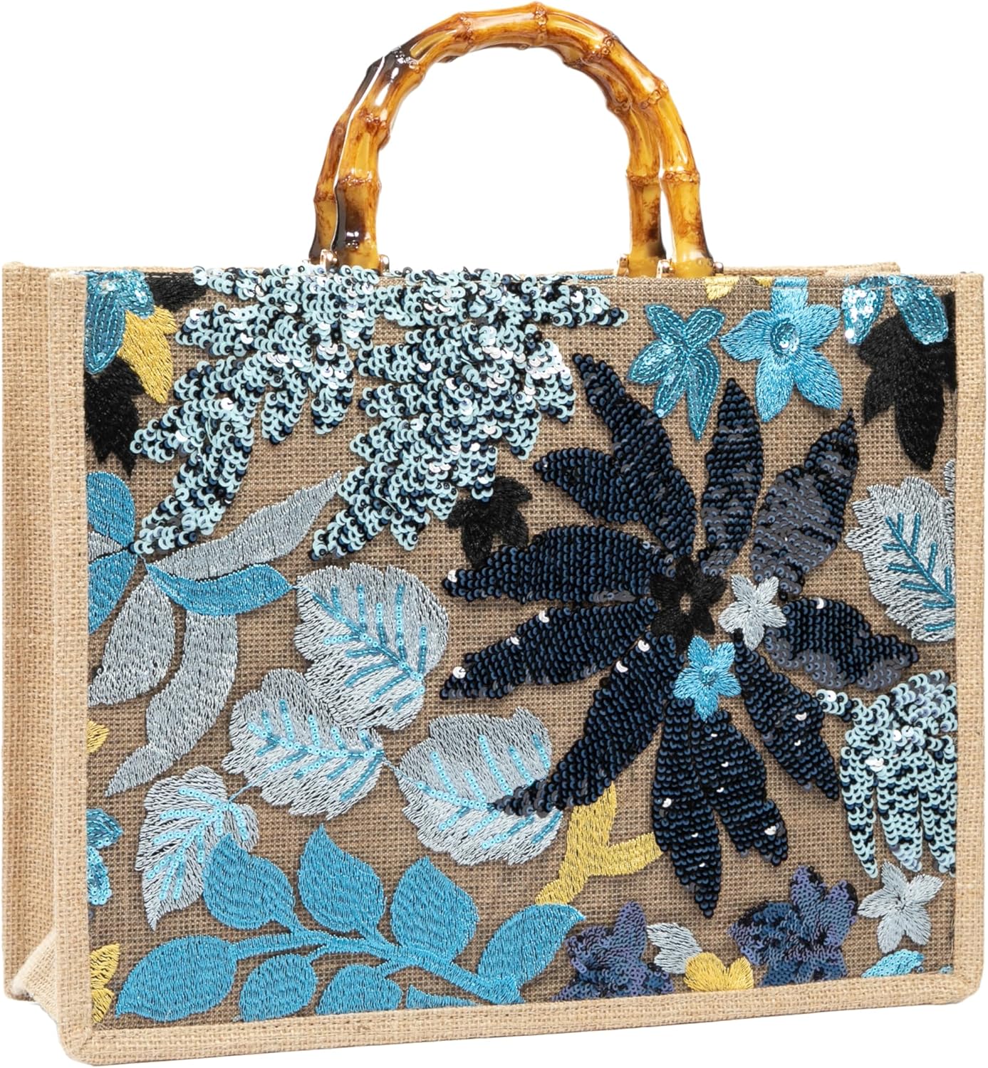 Bamboo Handle Sequin Embroidered Floral Tote Bag Evening Handbag for Wedding Party