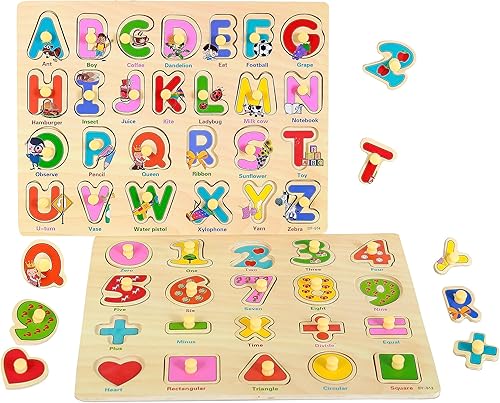 SAOCOOL Rompecabezas para niños de 2 a 4 años, rompecabezas de madera para niños con formas de letras y números, juguetes de aprendizaje, grandes