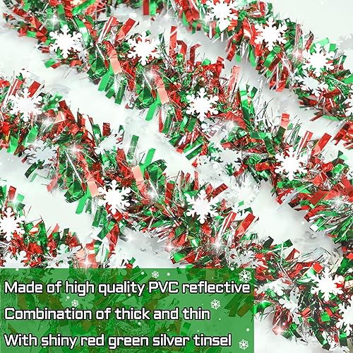 Miniatura 7 de Decoraciones de Navidad de 50 pies, guirnalda de oropel de Navidad con copo de nieve brillante metálico torcido rojo, verde plateado, guirnalda de