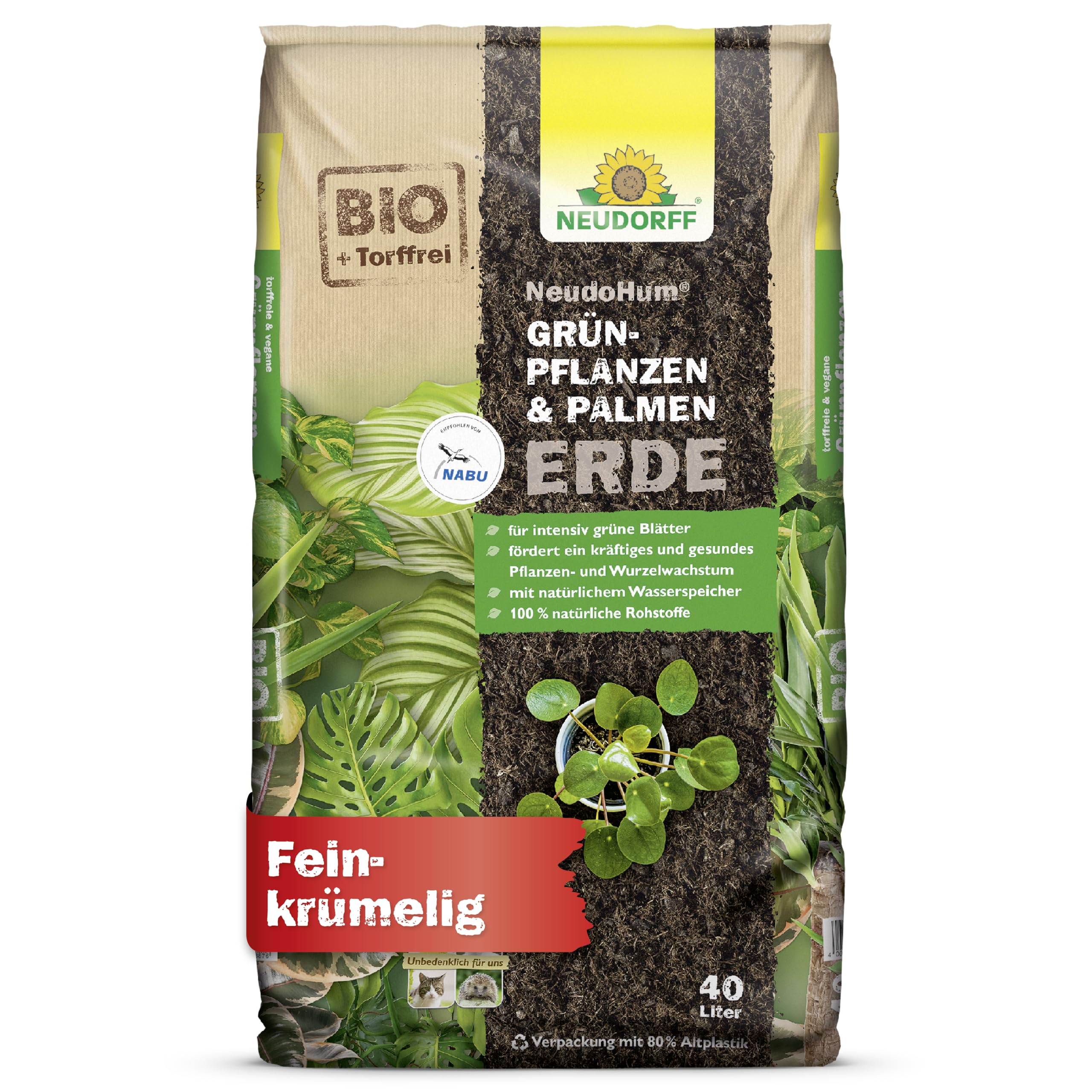 Neudorff NeudoHum GrünpflanzenErde 40 Liter - Palmenerde Torffreie Erde für Palmen - Monstera Erde ohne Torf fördert gesunde Zimmerpflanzen mit grünen Blättern - 100% vegan
