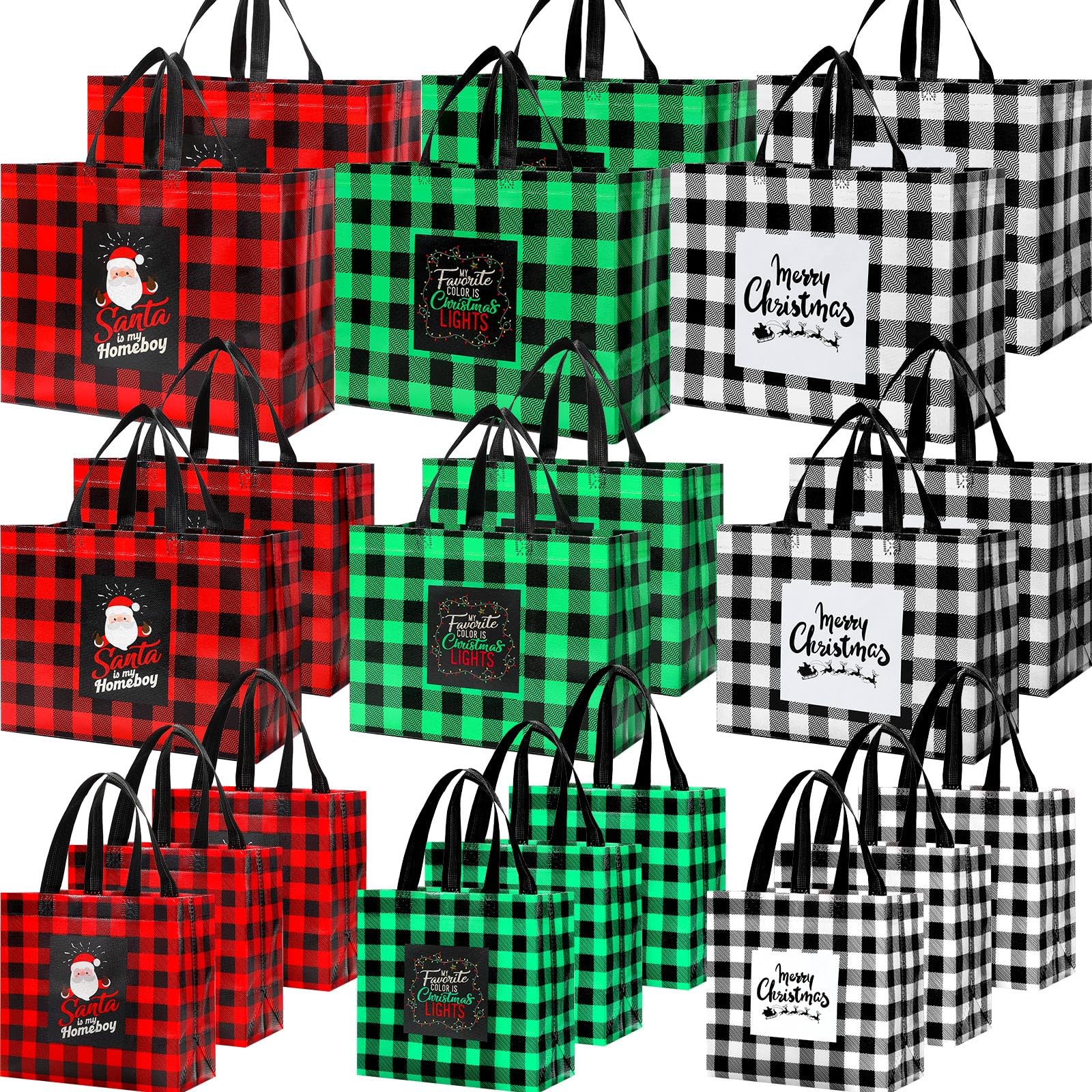 Silkfly 36 Stück gemischte Größen Weihnachten Geschenktüten Weihnachten Tragetaschen Vlies Büffel Plaid Wiederverwendbare Taschen mit Griffen Weihnachtstüten Xmas Lebensmittel Einkaufen Geschenkpapier