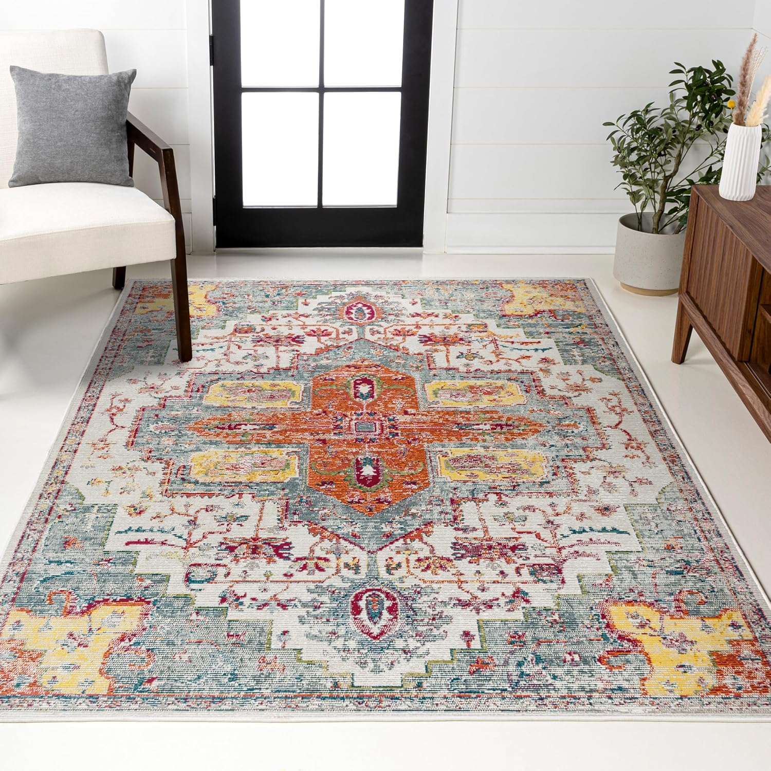 JONATHAN Y Zafra Vintage Medallion Coral/Blue/Multi Indoor Area Rug, 3x5, Transitional, Southwestern, Easy-Cleaning for Living Room, Bedroom, Kitchen, Pet Friendly, Non-Shedding (CAV100A-3)