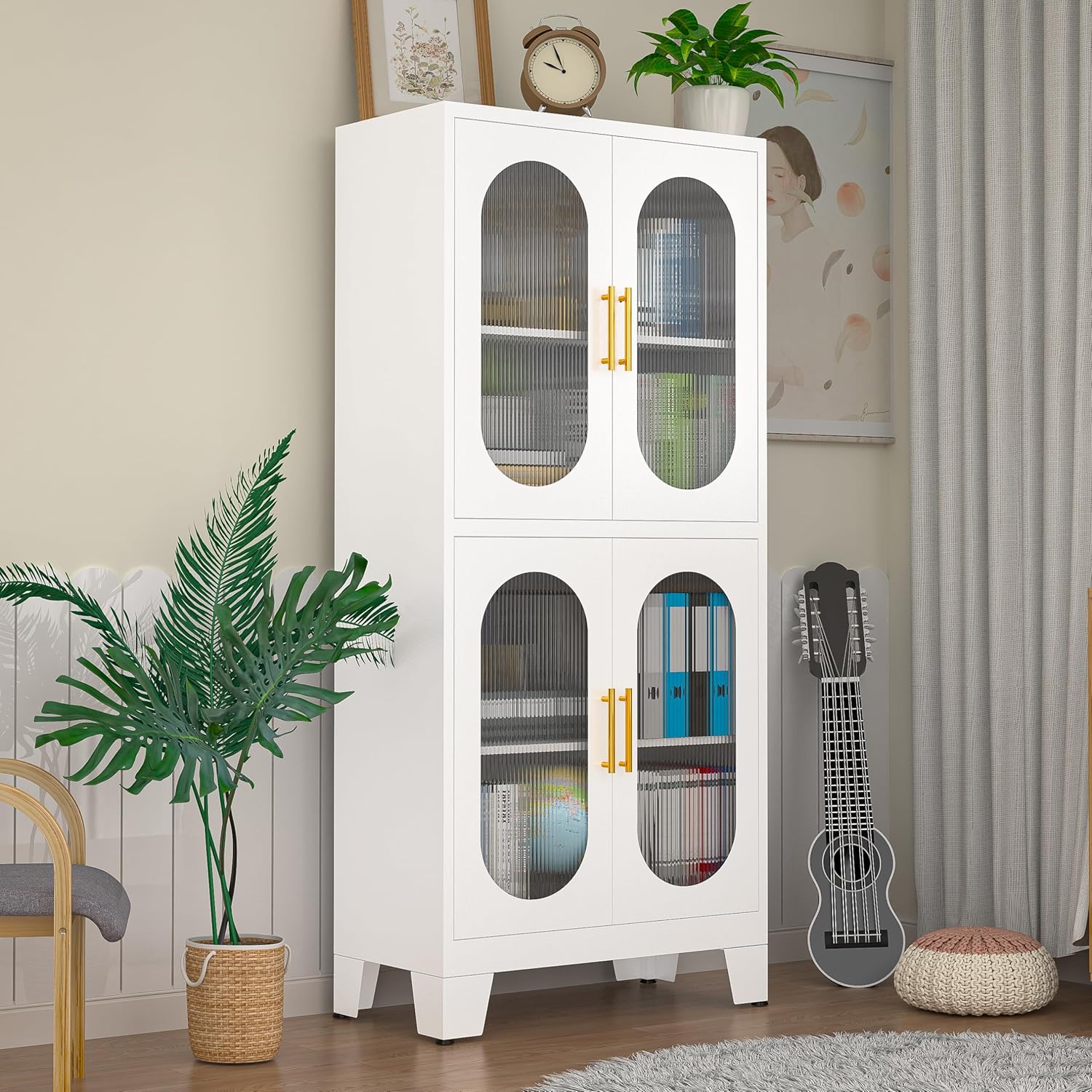 White Pantry Cabinet, 61" Tall Kitchen Storage Cabinets with Acrylic Glass Doors and 2 Adjustable Shelves, Metal Versatile Cupboard for Bathroom, Laundry Room, Living Room, Dinning Room