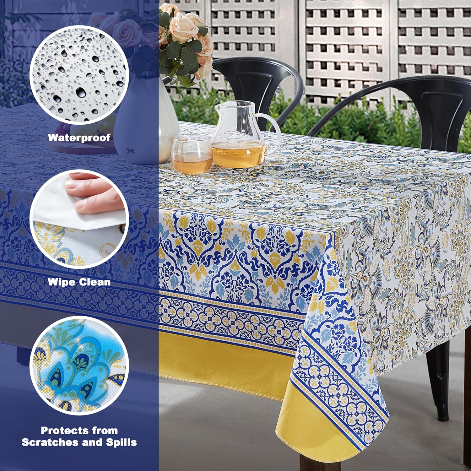 Home Bargains Plus Rectangle Vinyl Tablecloth with Flannel Backing, 60 x 84 Inch, Alluring French Country, Yellow and Blue Floral Vinyl Table Cover, Heavy Weight for Dining Party and Barbecues