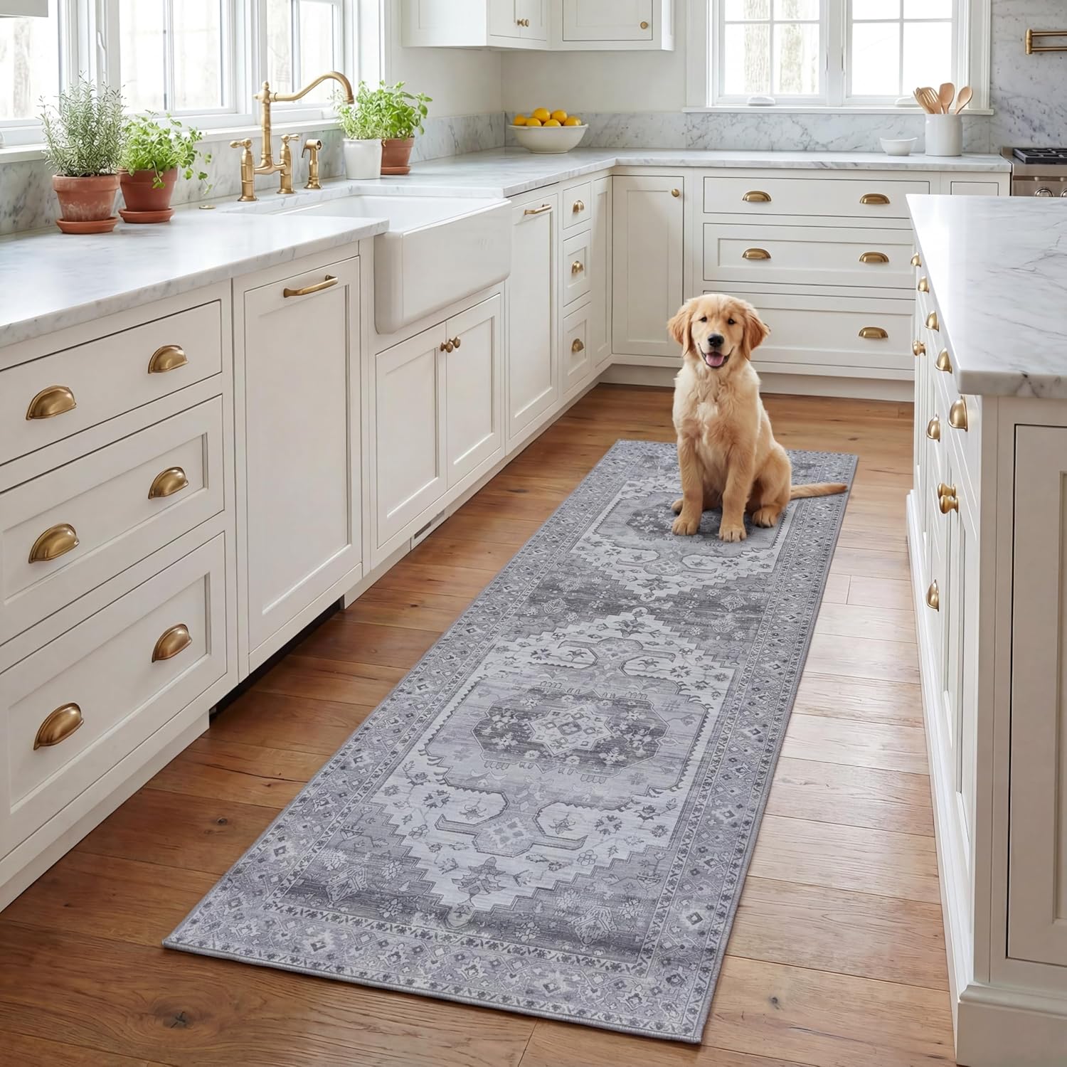 SAFAVIEH Washable Rug Tucson Collection - 2'6' x 8' Runner, Beige & Blue, Slip Resistant & Easy to Clean, Ideal for Hallway, Foyer, Entryway, Bedroom (TSN181B)