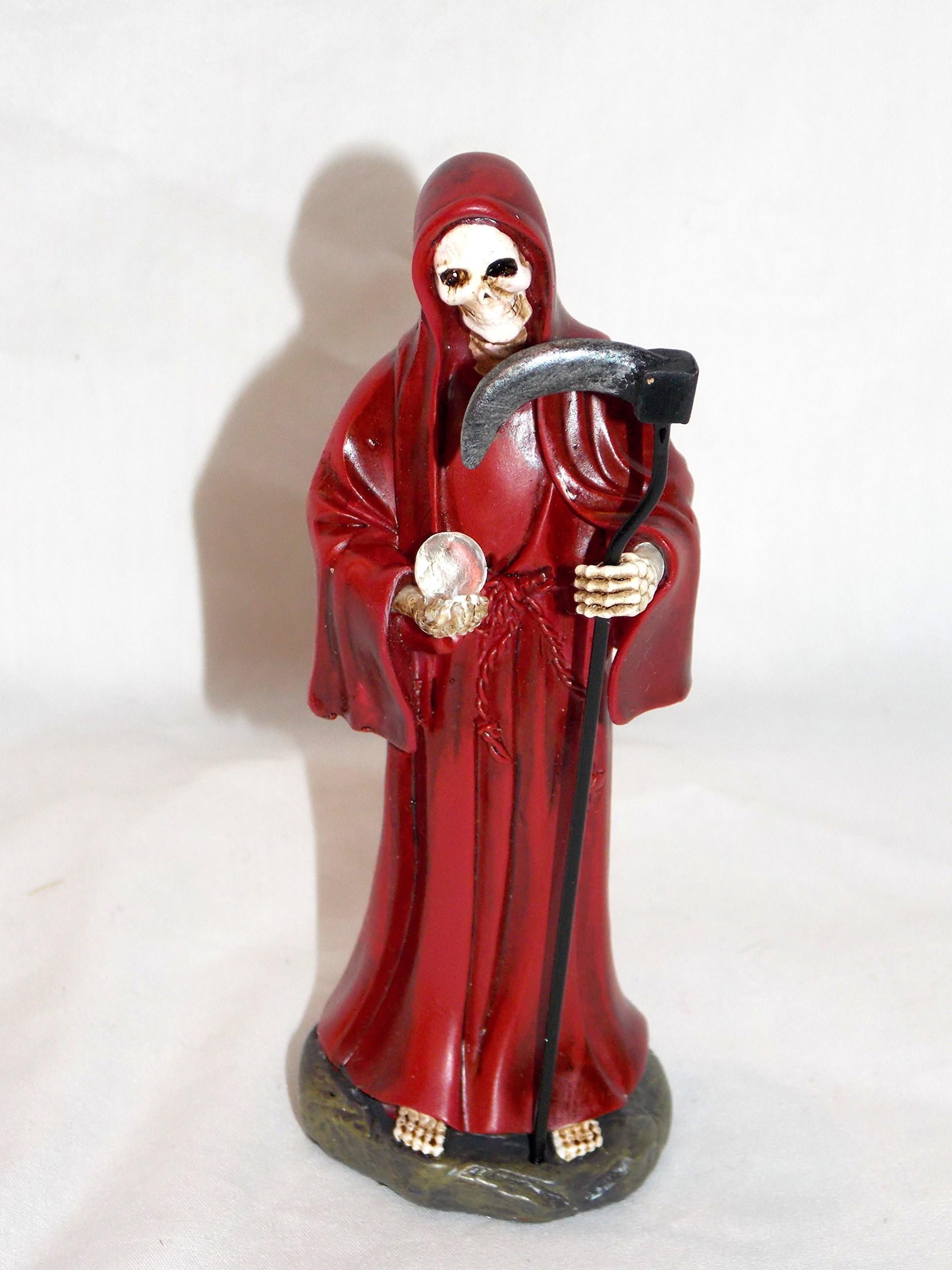 New Santa Muerte Grim Reaper Wearing a Red Cloak Holding a Scythe & Globe Figurine Statue