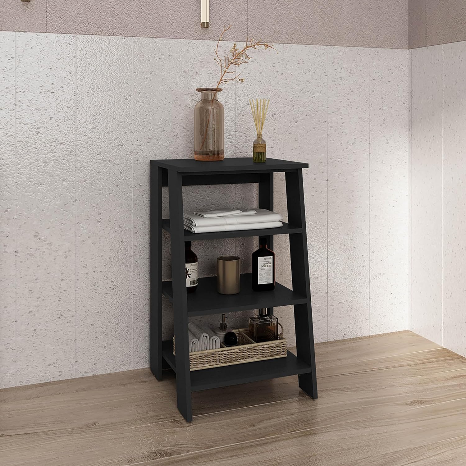 Tuhome Bathbi 30-Inch High Four-Tier Ladder Shelf Organizer, Compact Corner Storage Rack for Bathroom Towels, Living Room Décor or Side Table Use, Modern Space-Saving Display Unit with Open Shelves