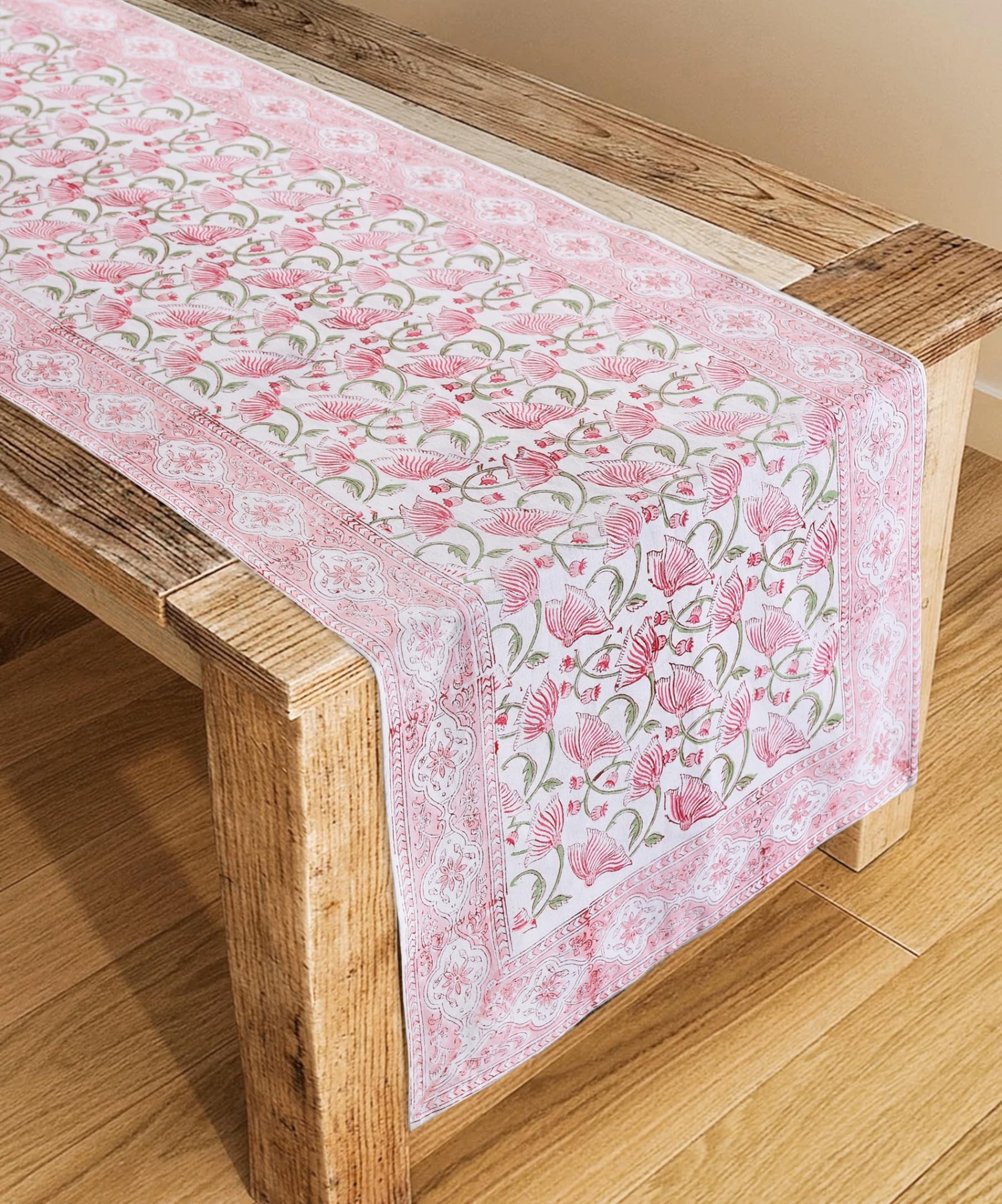 Hand Block Printed Cotton Table Runner - Floral Design -8