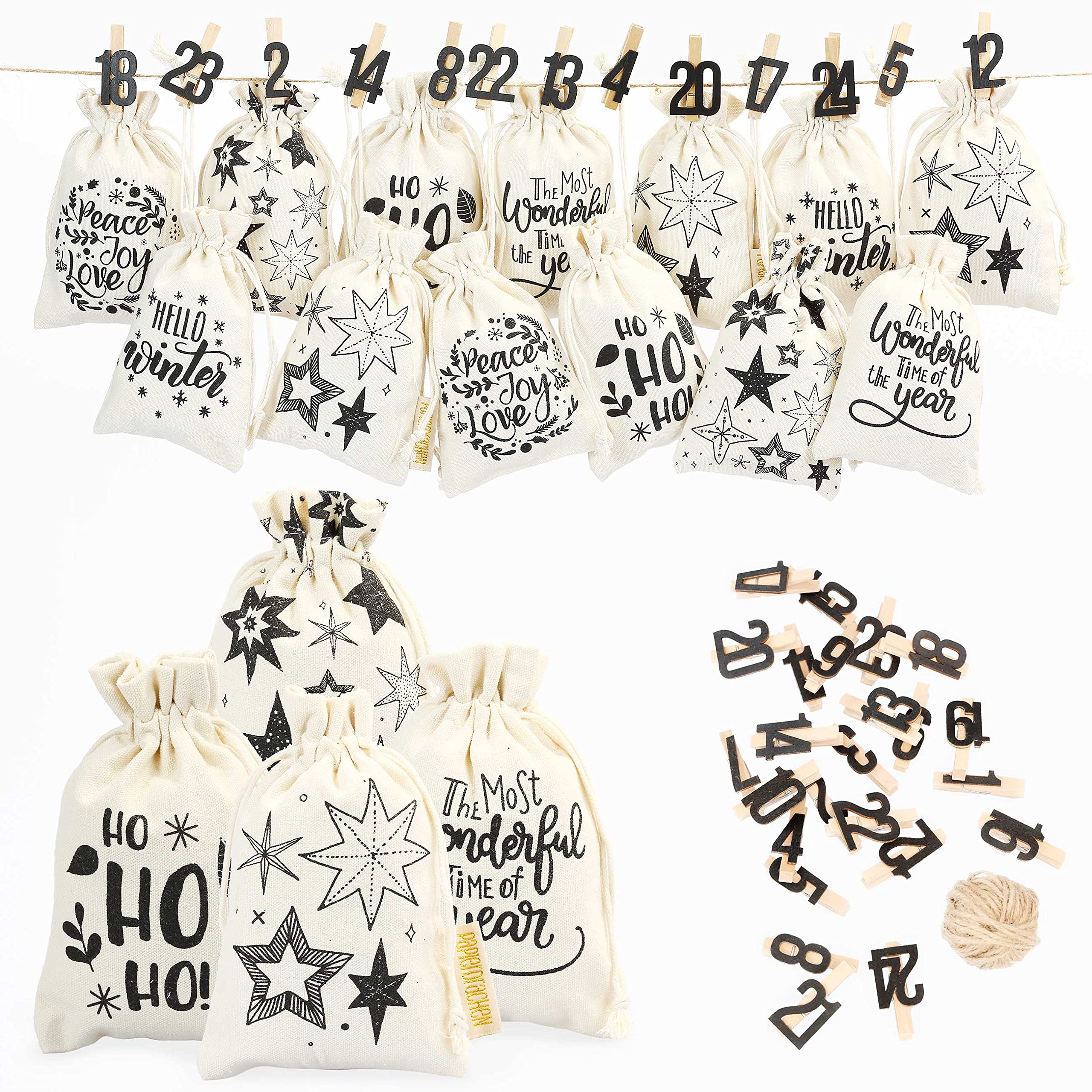 Papierdrachen Adventskalender 2026 - Stoffsäckchen mit schwarzen Zahlen
