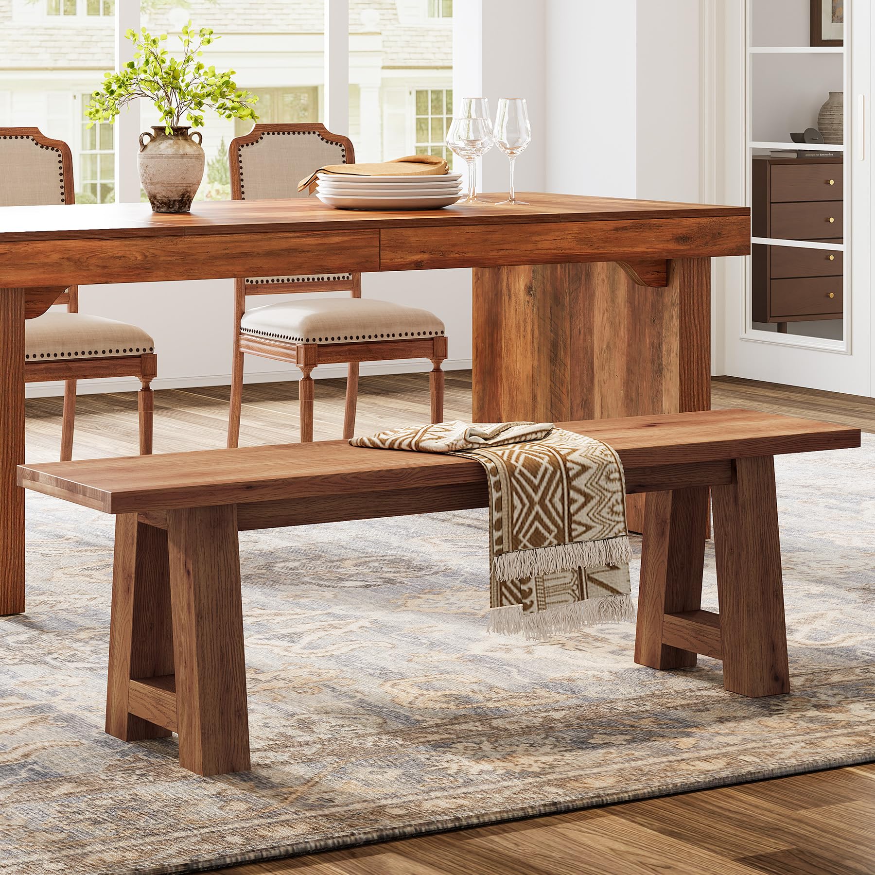 Solid Wood Dining Bench with A-Shaped Legs | 55.12-Inch Farmhouse Entryway Bench Indoor for Hallway, Kitchen, Dining Room, Living Room (Brown)
