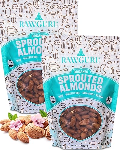 RawGuru Almendras sin sal, germinadas y orgánicas, crudas  Keto  Veganas  Kosher  Paleo  Snacks sin gluten  Superfood, 16 onzas, paquete de 2