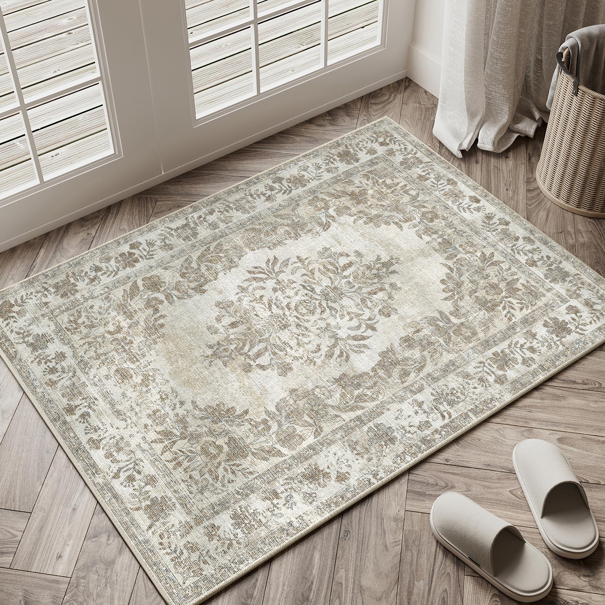 PureCozy 2x3 Washable Area Rug Entryway Cream Beige Vintage Doormat