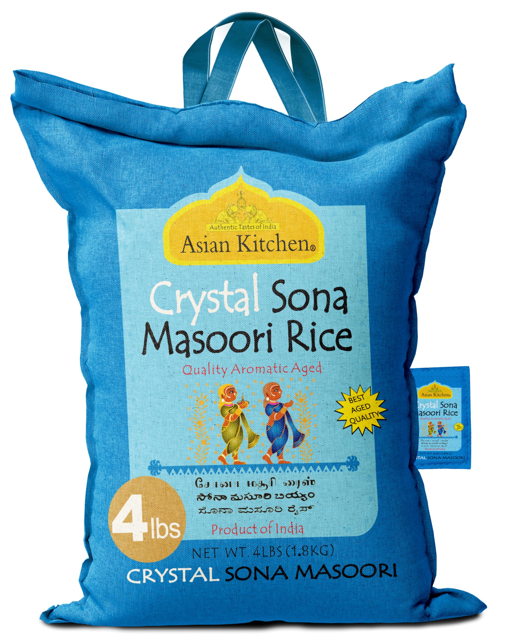 Asian Kitchen Crystal Sona Masoori Aged Rice 4-Pound Bag, 4lbs (1.81kg) Short Grain Rice ~ All Natural | Gluten Friendly | Vegan | Kosher | Indian Origin | Export Quality