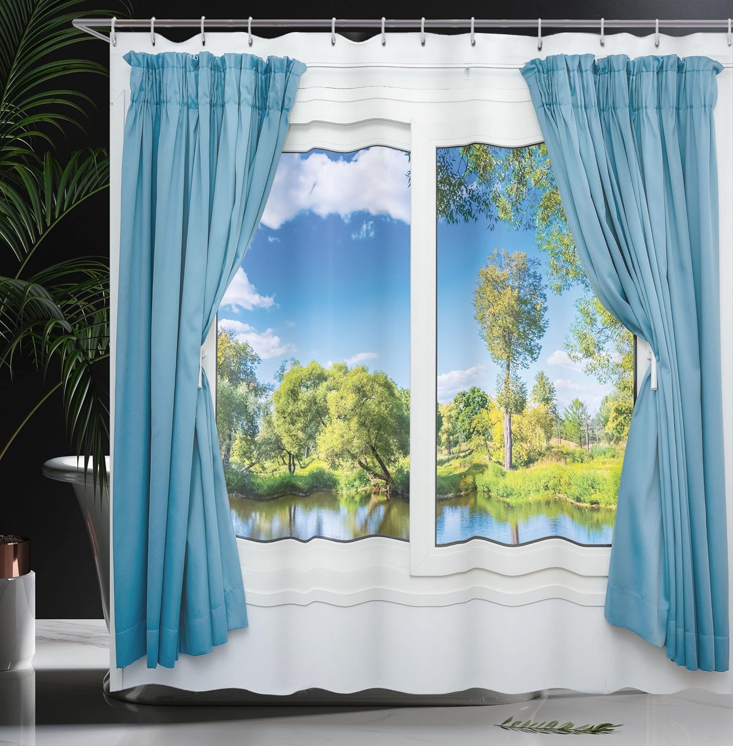 Ambesonne Country Shower Curtain, Rural View from The Window Reflection in Water Lake Tree in Summertime, Cloth Fabric Bathroom Decor Set with Hooks, 69" W x 84" L, White Blue