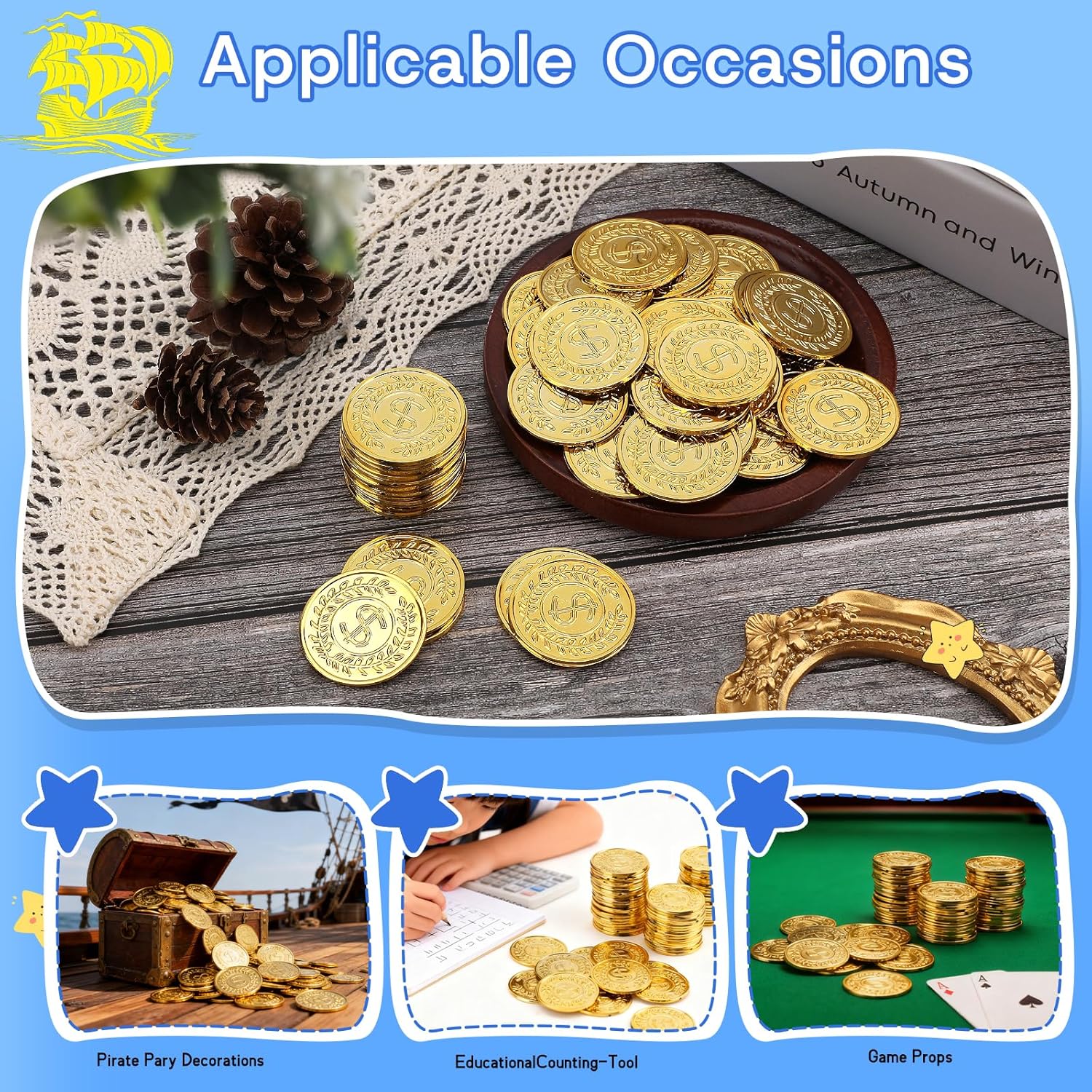 200 Pcs Plastic Gold Coins, 1.37 Inch Fake Coins Pirate Coin Tokens, Pirate Party Decorations Teacher Classroom Reward Adventure Theme Party Supplies