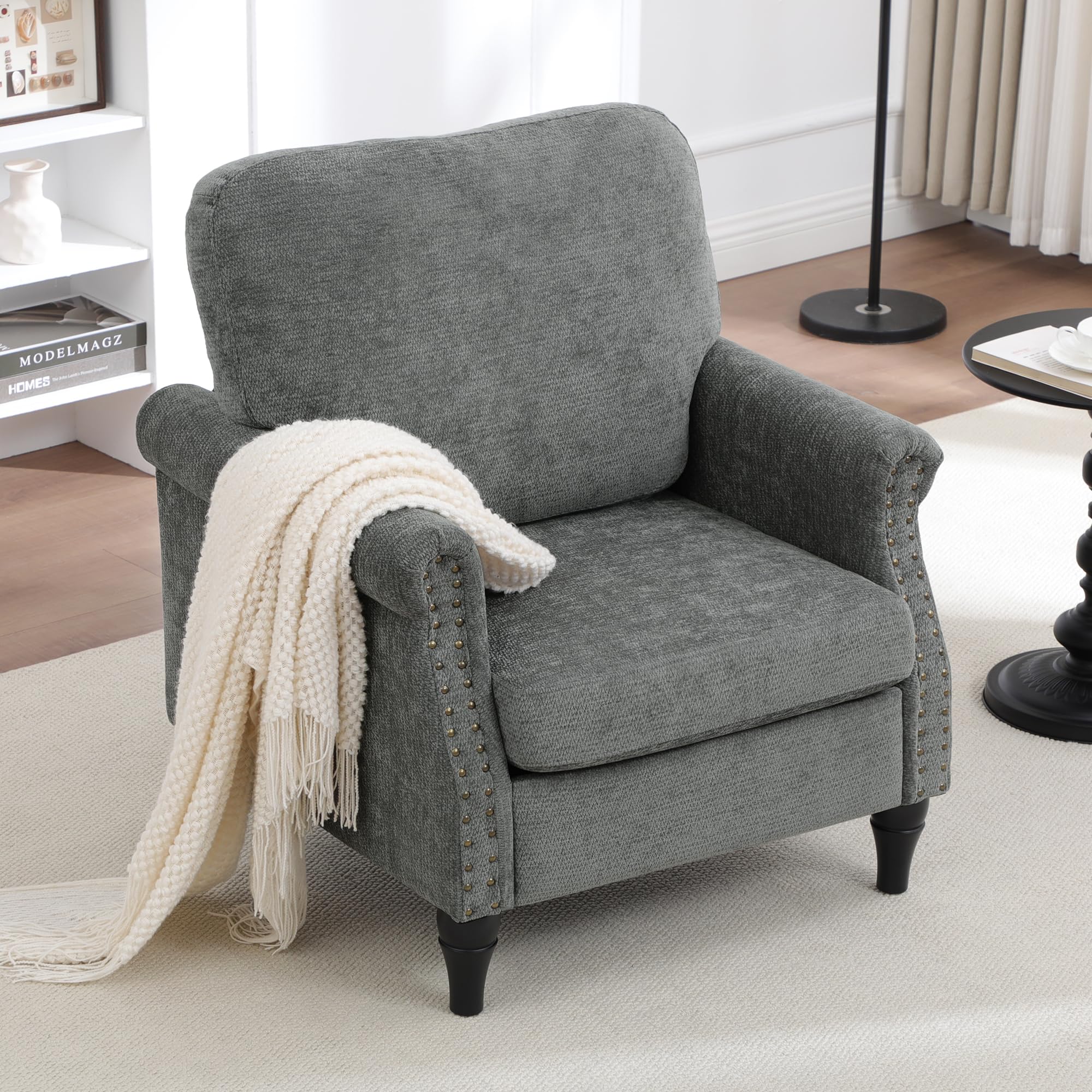 choairy Accent Chair for Living Room, Modern Mid Century Reading Chair Armchair High Back Upholstered Armchair with Wooden Legs for Living Room Bedroom Office (LIGHTGREY, 1PCS)