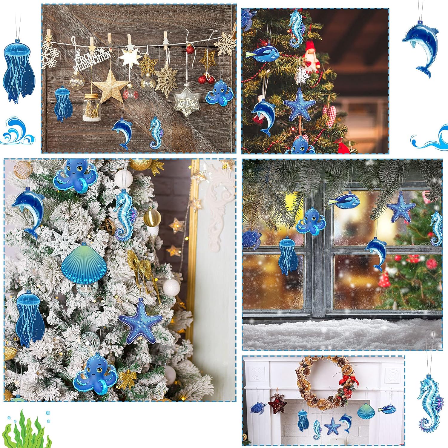 Outus 32 Pieces Wooden Christmas Ornaments Hanging Ocean Themed Hanging Ornaments Starfish Sea Turtle Jellyfish Seashells Hanging Ornaments Christmas Tree Wood Ornaments for Xmas Decor(Sea Animal) - Image 6