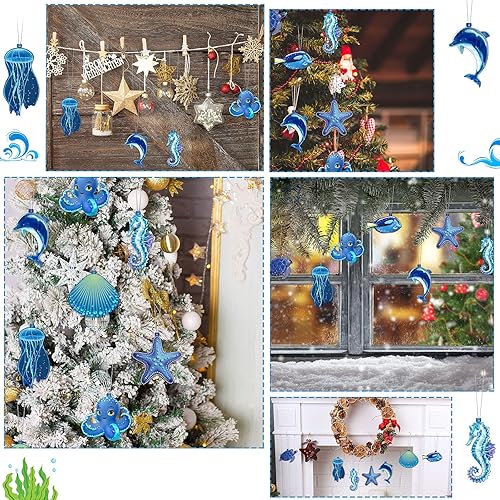 Miniatura 6 de 32 adornos de madera de verano para colgar con temática oceánica, estrellas de mar, tortugas marinas, medusas y conchas marinas, adornos colgantes