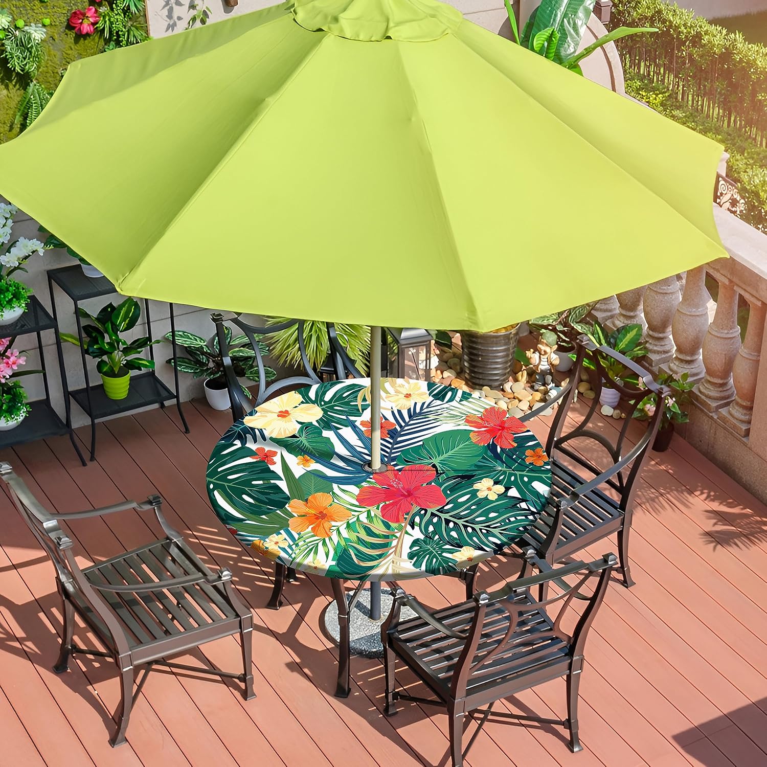 Palm Leaves Round Outdoor Tablecloth with Umbrella Hole Zipper Elastic Outdoor Table Cover Waterproof Fitted Tablecloth for Patio Picnic Party Fits 48-52" Diameter Round Tables
